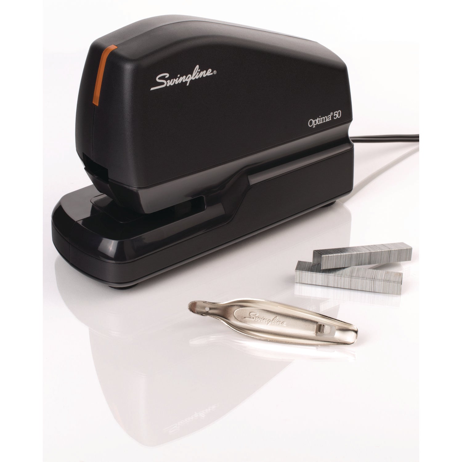 Swingline® Optima 50 Electric Stapler, 50-Sheet Capacity, Black/Orange
