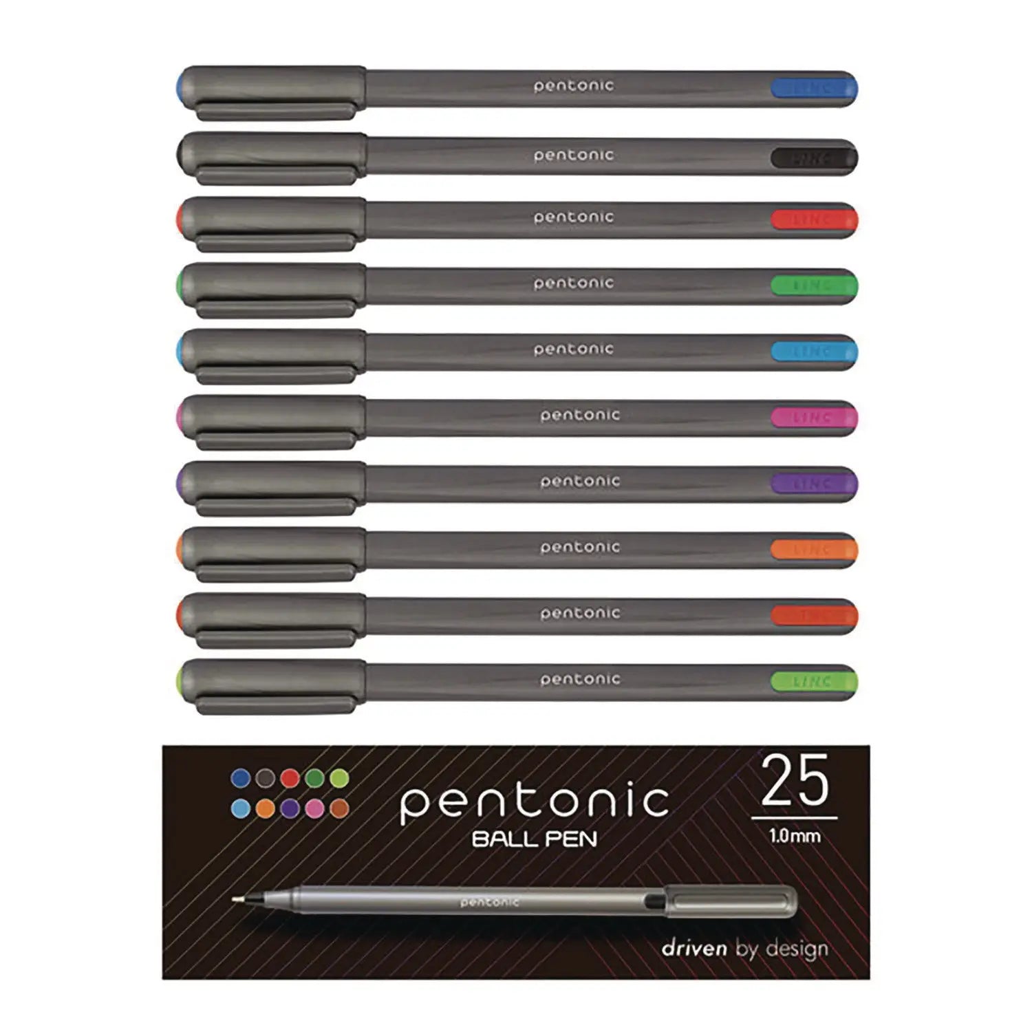 PENTONIC Medium Point Ballpoint Pen, 1 mm, Assorted Ink Colors, Charcoal Gray Barrel, 25/Pack