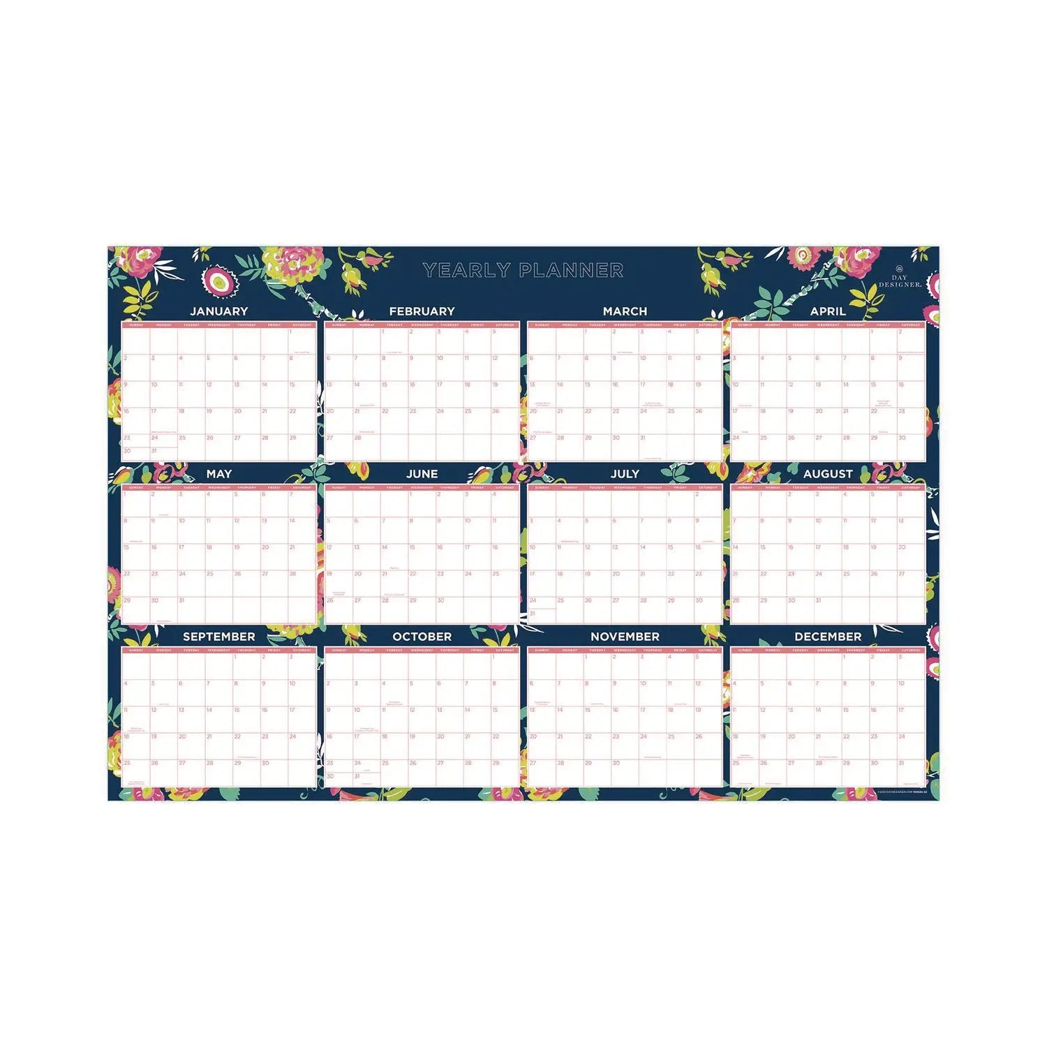 Day Designer Peyton Laminated Erasable Wall Calendar, Floral Artwork, 36 x 24, White/Navy Sheets, 12-Month (Jan to Dec): 2025