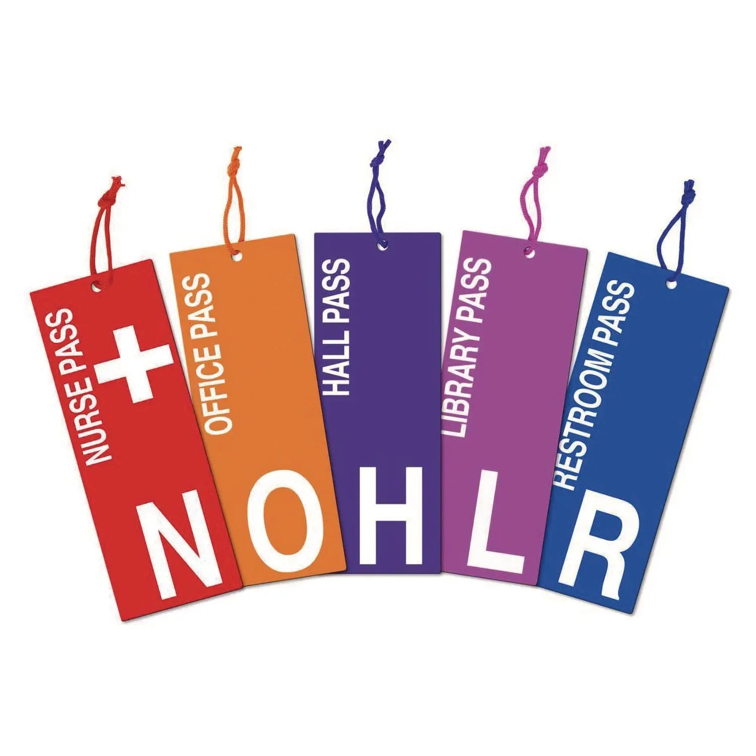 Laminated Hall Passes with Cords, Assorted Messages, 3.4 x 9 x 0.1, Assorted Color Faces, 5/Set, 24 Sets/Carton