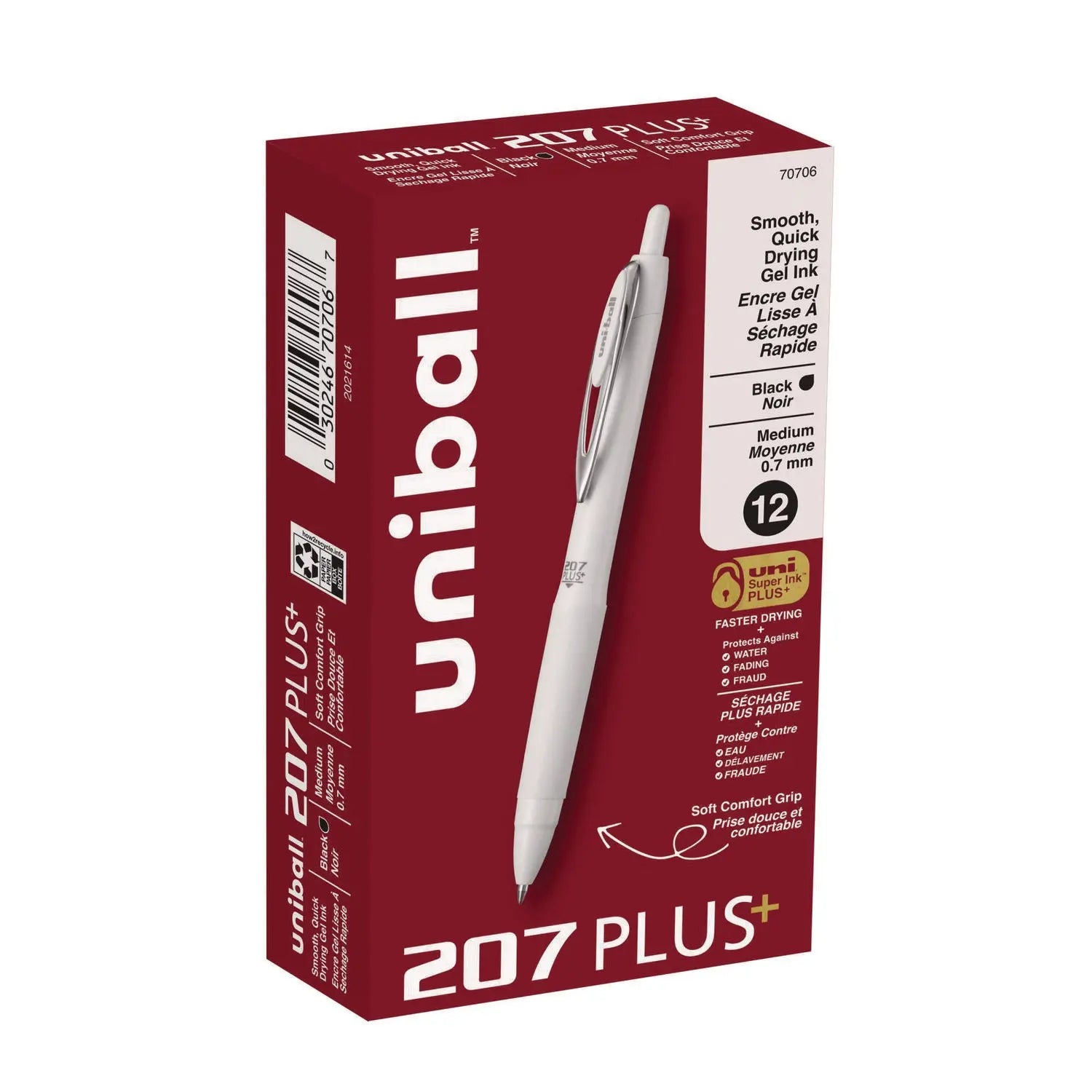 207 Plus+ Gel Pen, Retractable, Medium 0.7 mm, Black Ink, White Barrel, Dozen