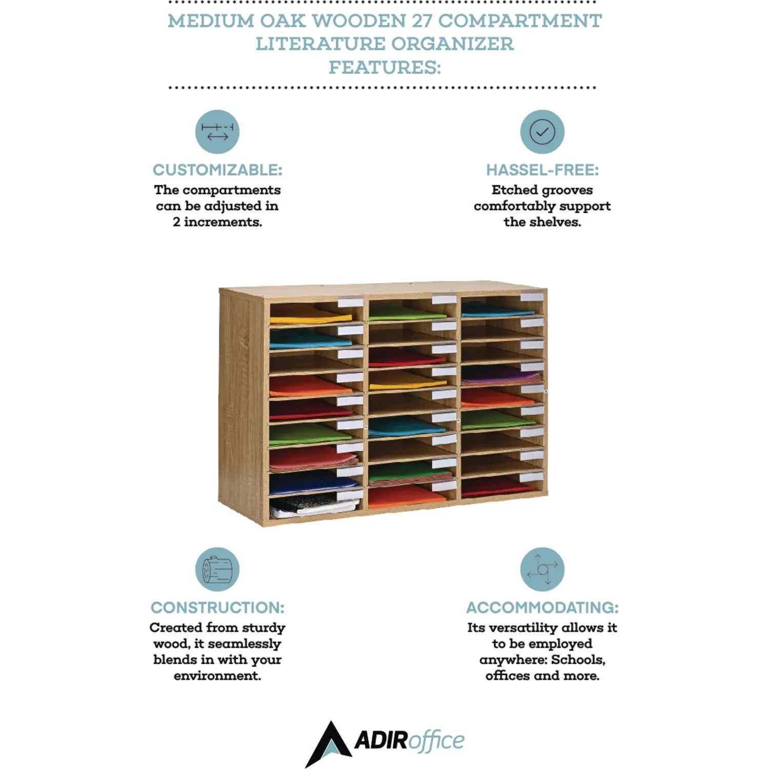 Wooden 27 Compartment Literature Organizer, 27 Sections, Letter Size, 31.49 x 11.81 x 21.65, Medium Oak AdirOffice Flipcost