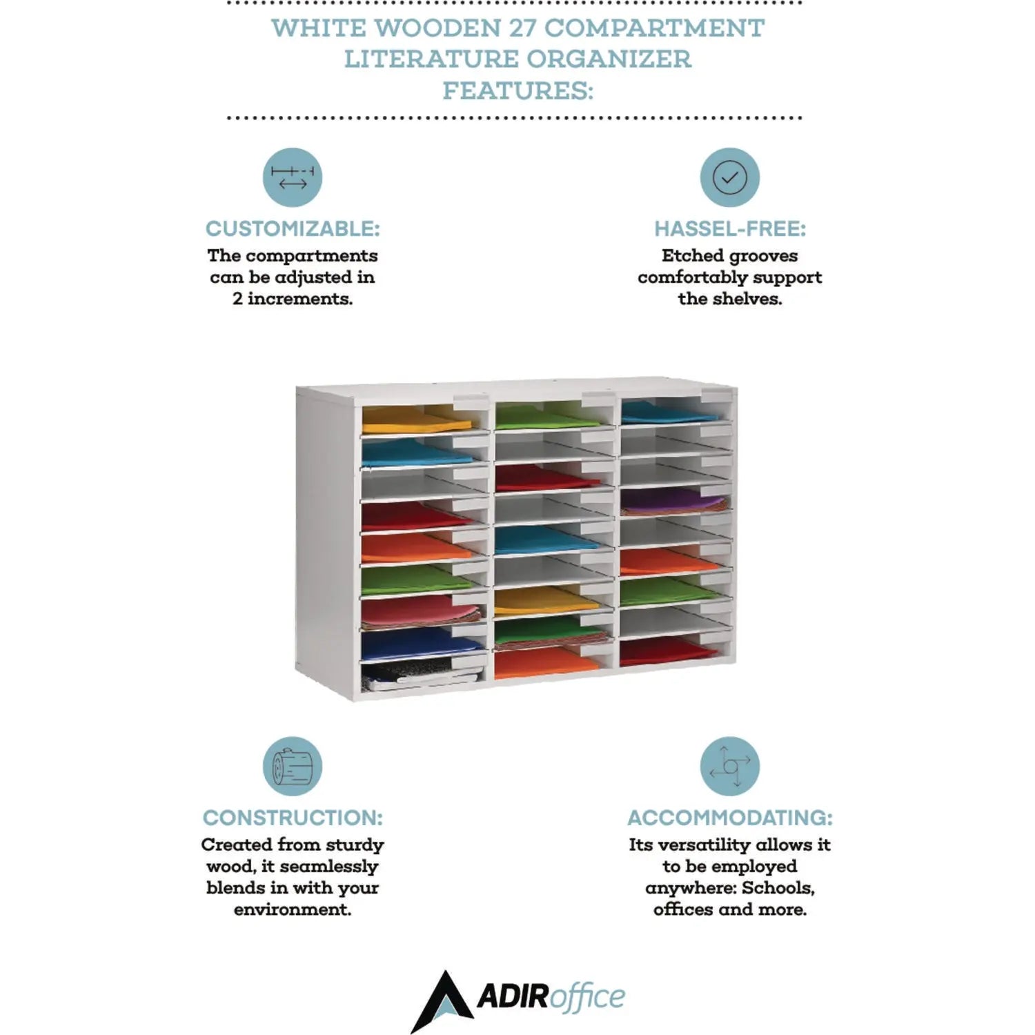 Wooden 27 Compartment Literature Organizer, 27 Sections, Letter Size, 31.49 x 11.81 x 21.65, White AdirOffice Flipcost