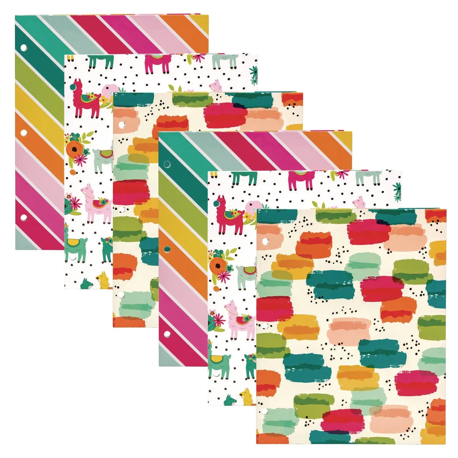 Two-Pocket Portfolio Folder, 1" Capacity, 9.6 x 11.9, Brush Strokes/Llamas/Stripes, 6/Pack