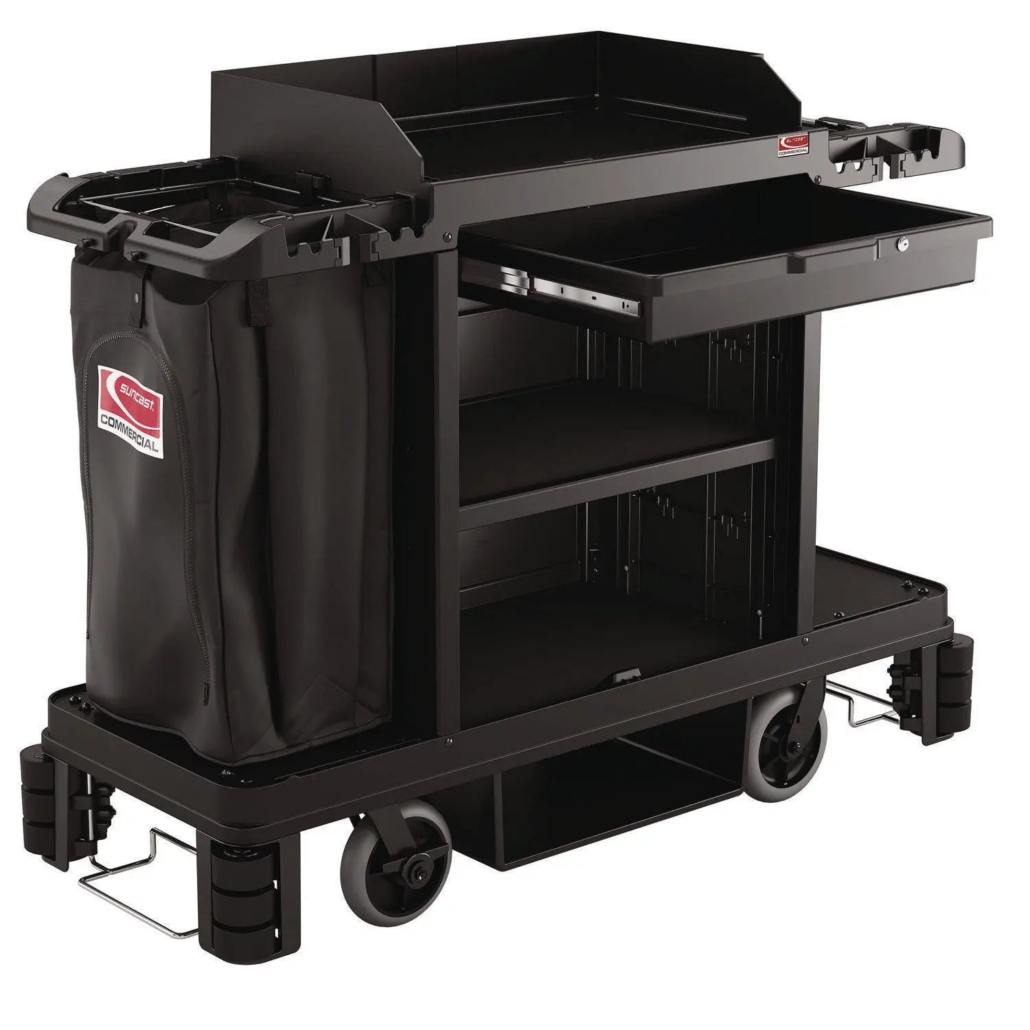 Premium Housekeeping Cart, Plastic, 1 Shelf, 24" x 62.13" x 49.75", Black Suncast Commercial® Flipcost
