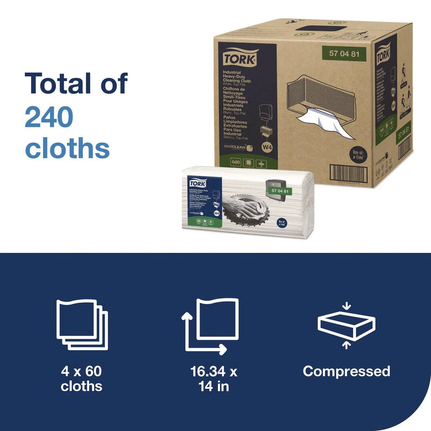 Industrial Heavy-Duty Cleaning Cloth, 1-Ply, 13.97 x, 4.25, Unscented, White, 60 Cloths, 4/Carton Tork® Flipcost