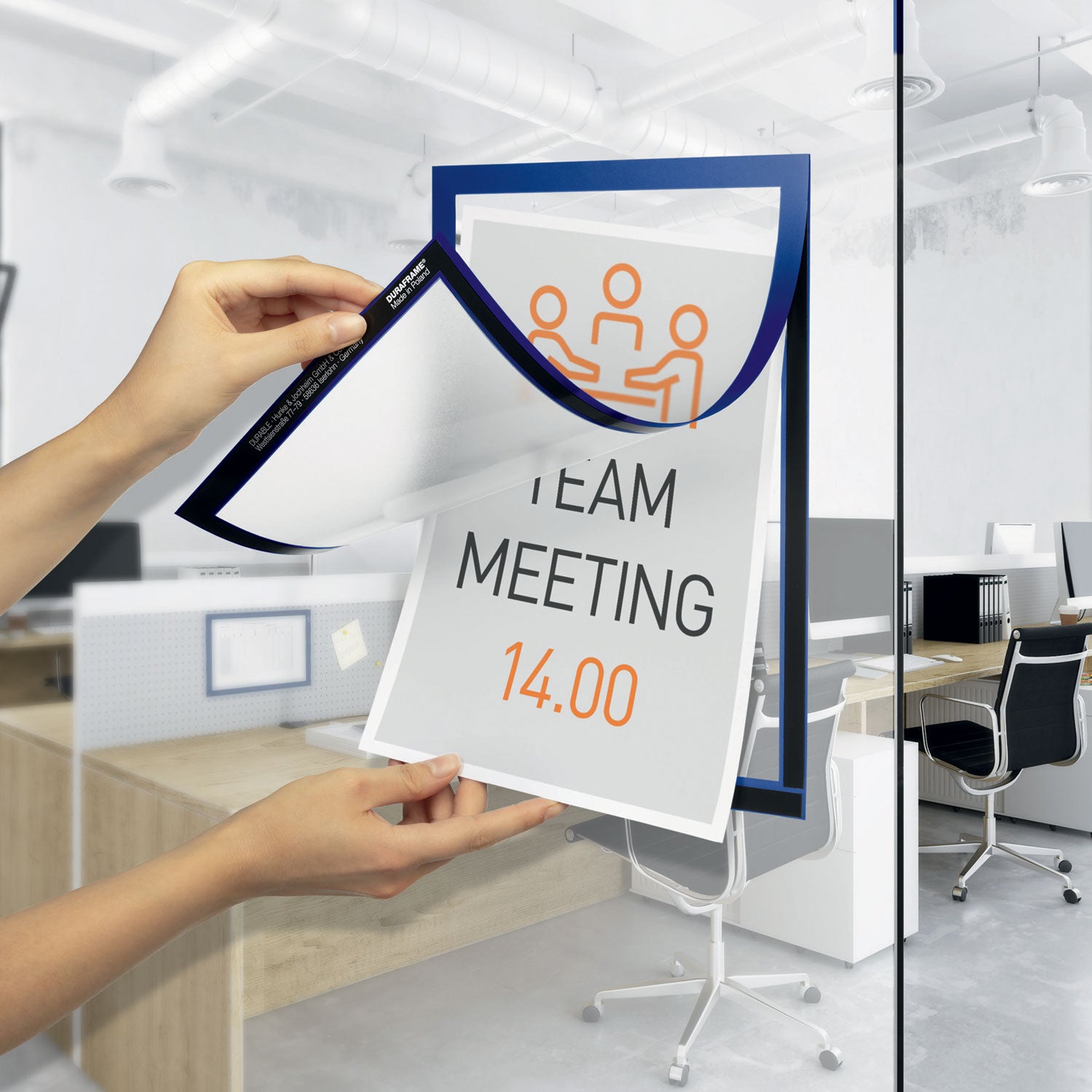 Durable® Infoframe DURAFRAME Self Adhesive Double Sided Sign Holder, 9.5 x 12, Dark Blue Frame, 2/Pack