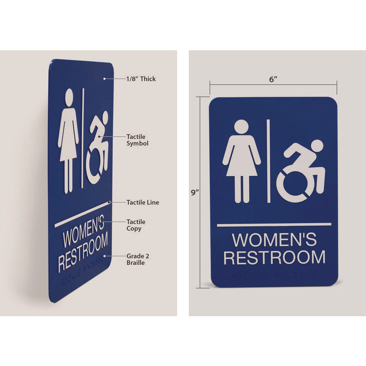 Headline® Sign ADA Sign, Women's Restroom, 6 x 9, Blue Face, White Graphics