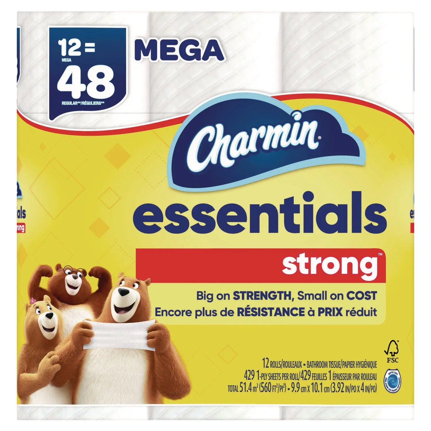 Essentials Strong Bathroom Tissue, Septic Safe, 1-Ply, White, 429/Roll, 12 Rolls/Pack Charmin® Flipcost