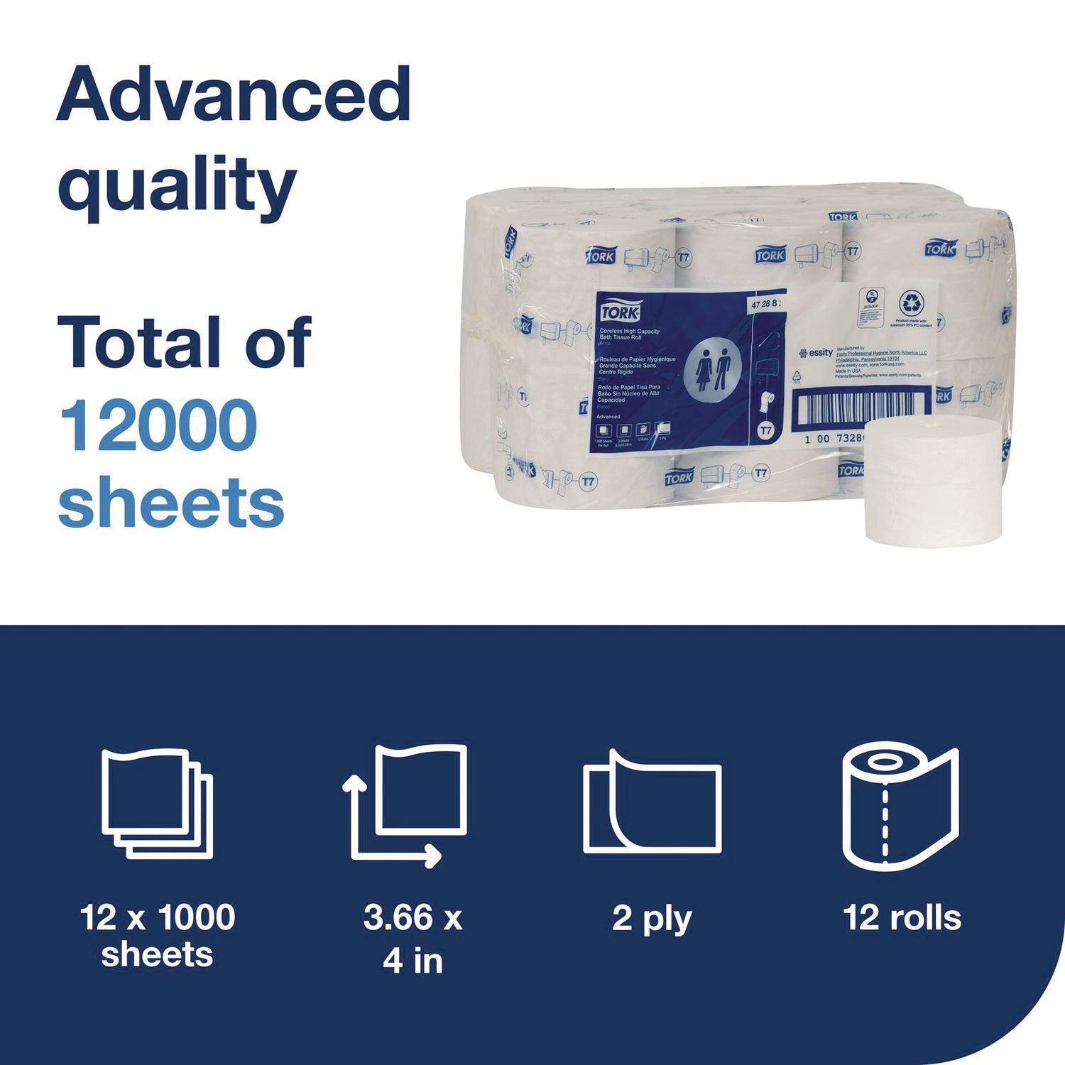 Tork® Advanced Coreless High Capacity Bath Tissue, 2-Ply, White, 1,000 Sheets/Roll, 12 Rolls/Carton