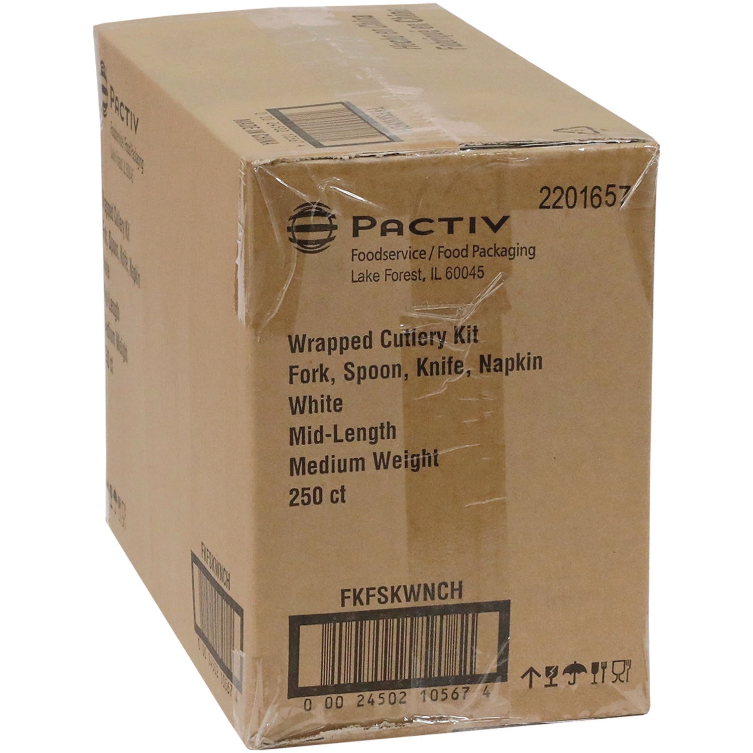 Pactiv Evergreen Fieldware Cutlery Kit, Individually Wrapped, Mediumweight, Fork/Knife/Napkin/Spoon, Plastic, White, 250/Carton