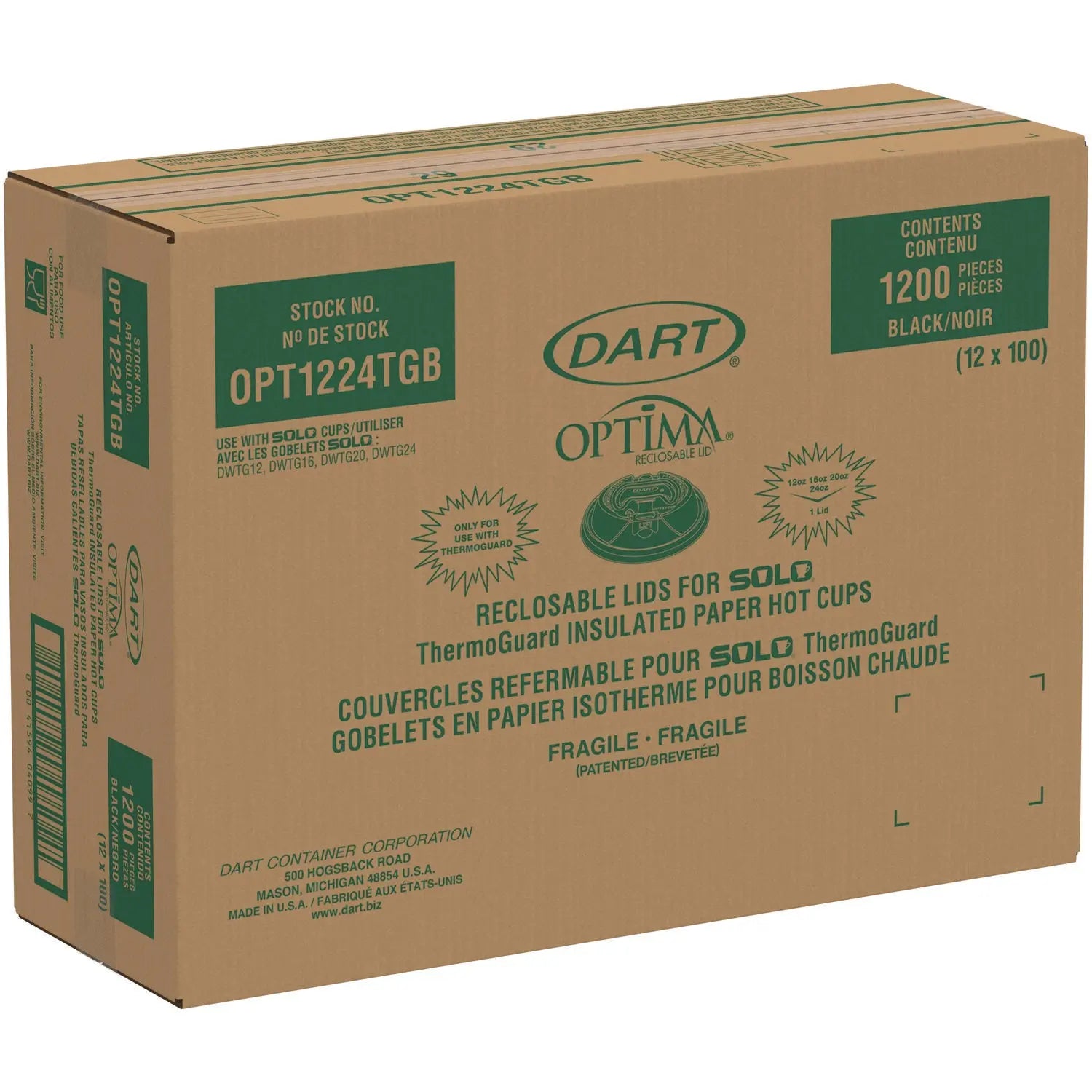 Optima Reclosable Lids for Hot Paper Cups, 12 oz to 24 oz Hot Paper Cups, Black, 1,200/Carton Dart® Flipcost