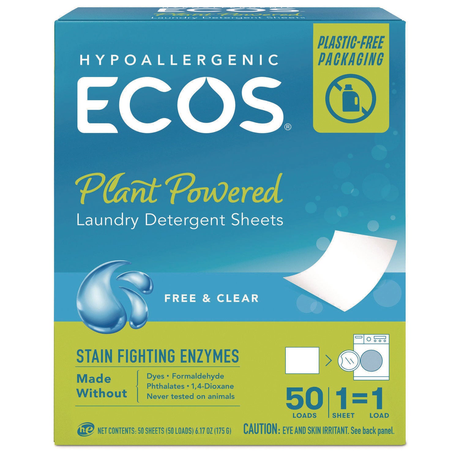 ECOS® Liquidless Laundry Detergent Sheets, Free and Clear, 50 Sheets/Pack, 10 Packs/Carton