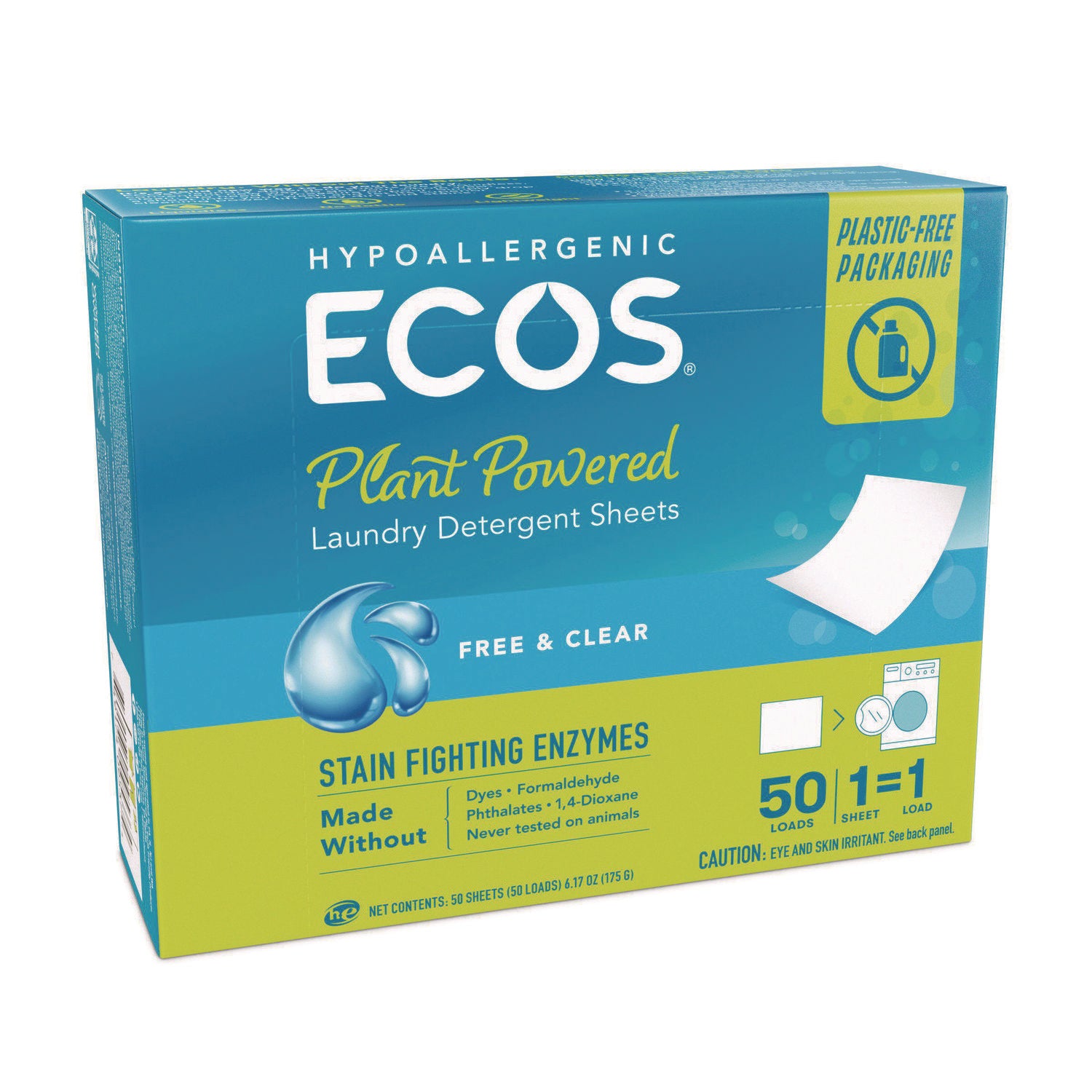 ECOS® Liquidless Laundry Detergent Sheets, Free and Clear, 50 Sheets/Pack, 10 Packs/Carton