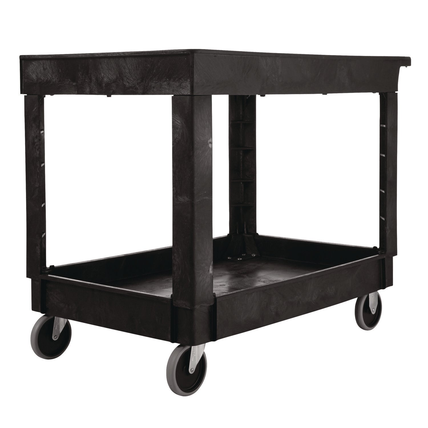 Rubbermaid® Commercial Heavy-Duty Utility Cart with Lipped Shelves, Plastic, 2 Shelves, 500 lb Capacity, 25.78" x 45.25" x 33.25", Black