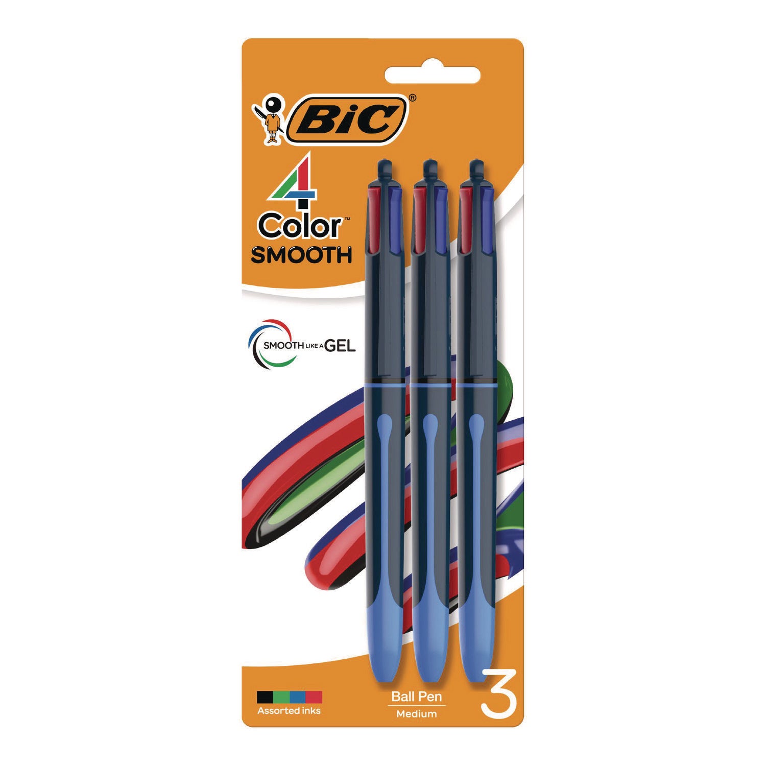 BIC® 4-Color Smooth Multi-Color Ballpoint Pen, Retractable, Medium 1 mm, Black/Blue/Green/Red Ink, Black/Blue Barrel, 3/Pack