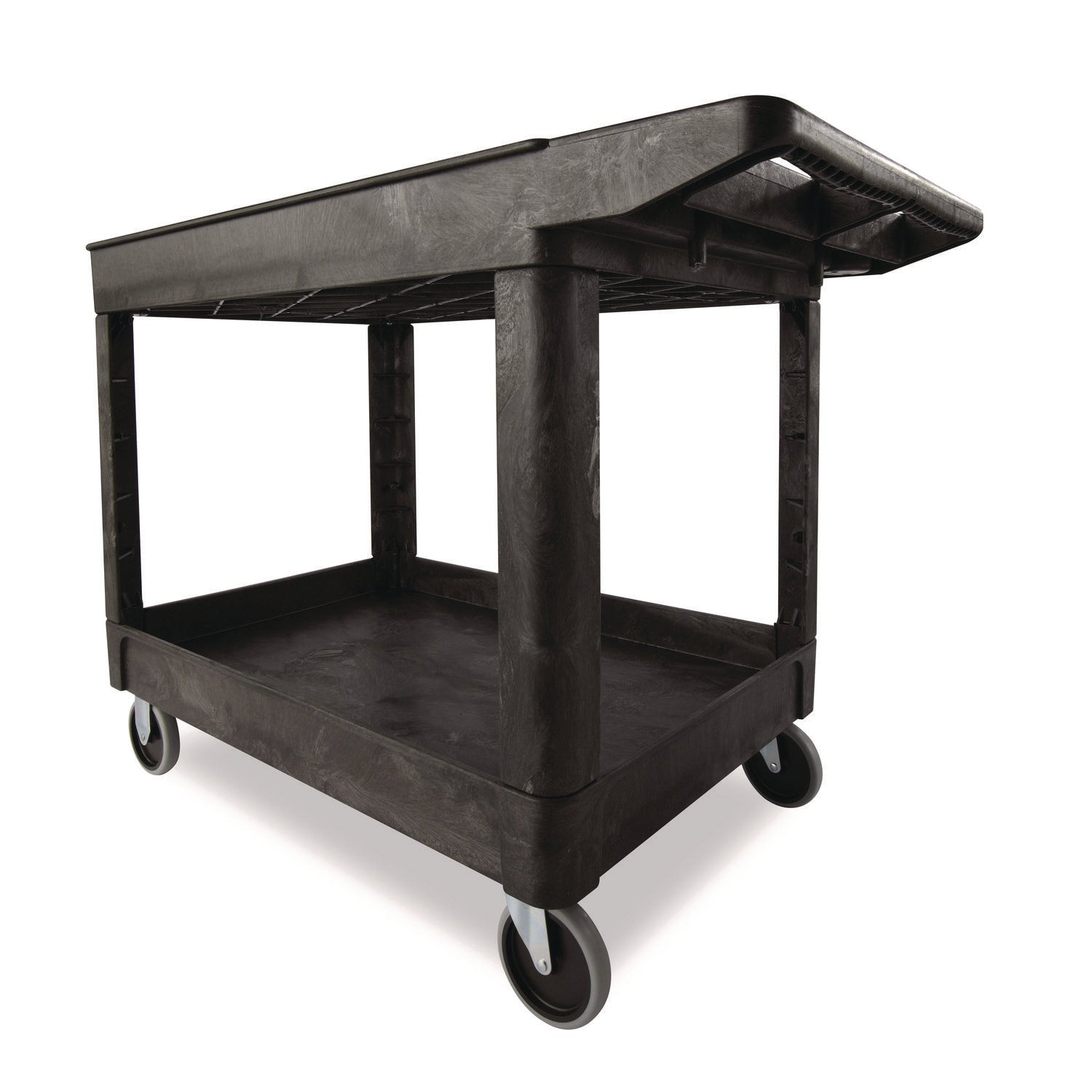 Rubbermaid® Commercial Heavy-Duty Utility Cart with Lipped Shelves, Plastic, 2 Shelves, 500 lb Capacity, 25.78" x 45.25" x 33.25", Black