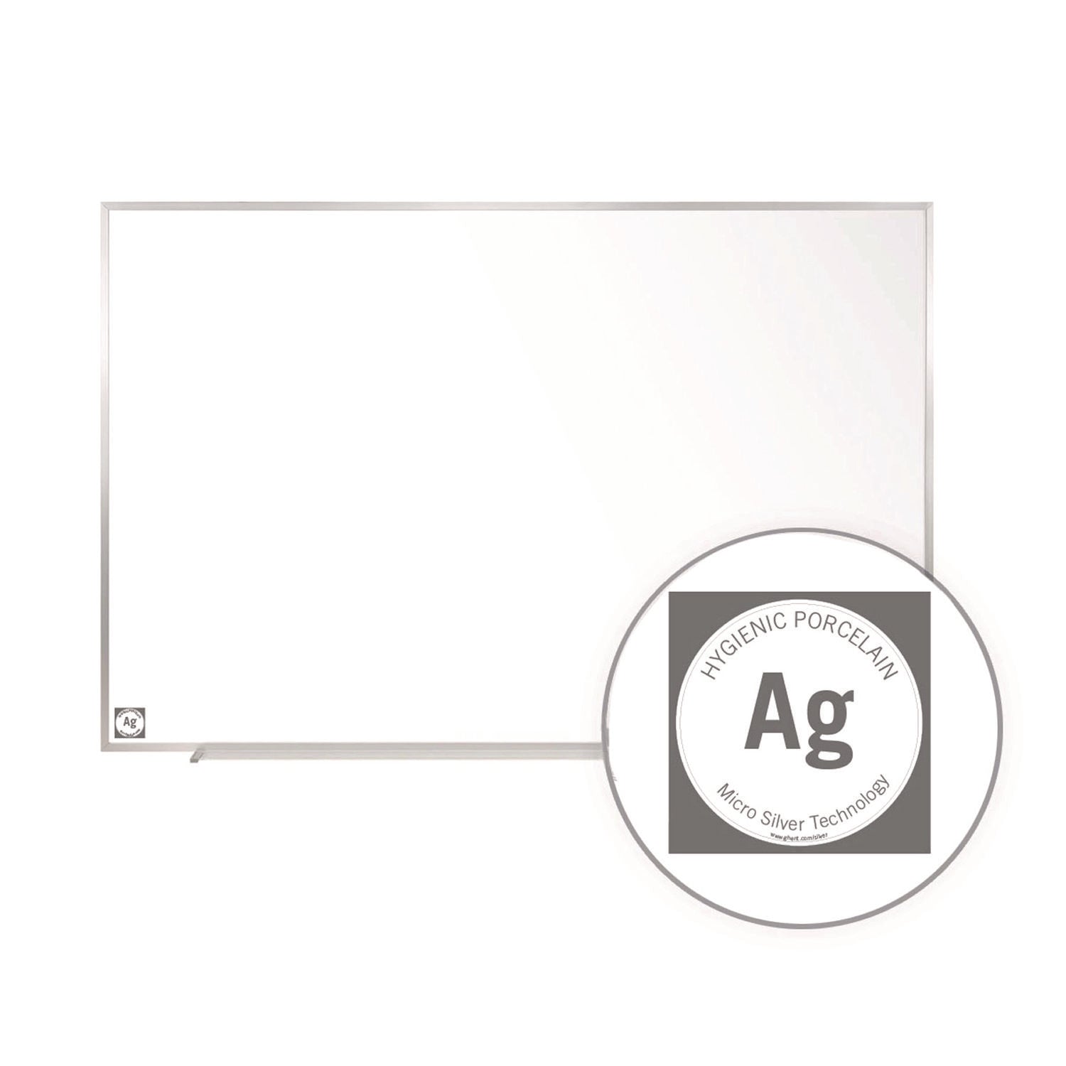 Ghent Hygienic Porcelain Magnetic Whiteboard with Aluminum Frame, 87.91" x 48.5", White Surface, Satin Aluminum Frame