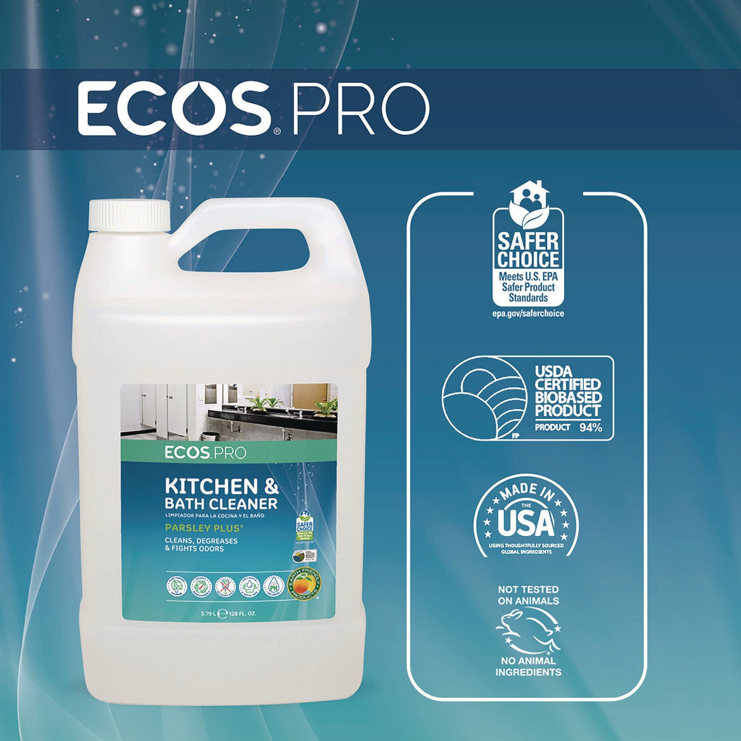 ECOS® PRO Parsley Plus All-Purpose Kitchen and Bathroom Cleaner, Herbal Scent, 1 gal Bottle, 4/Carton