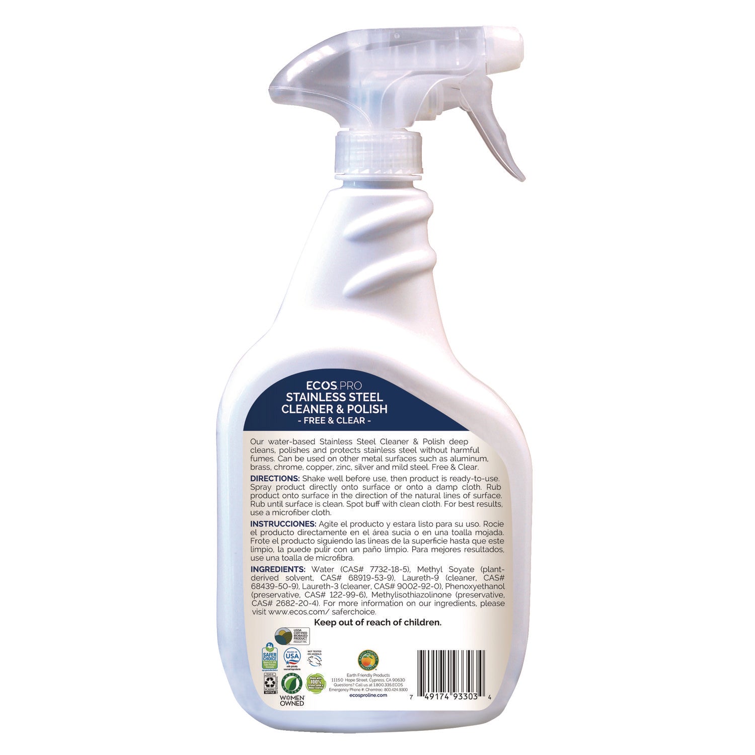 ECOS® PRO Stainless Steel Cleaner and Polish, Free and Clear Scent, 32 oz Spray Bottle, 6/Carton