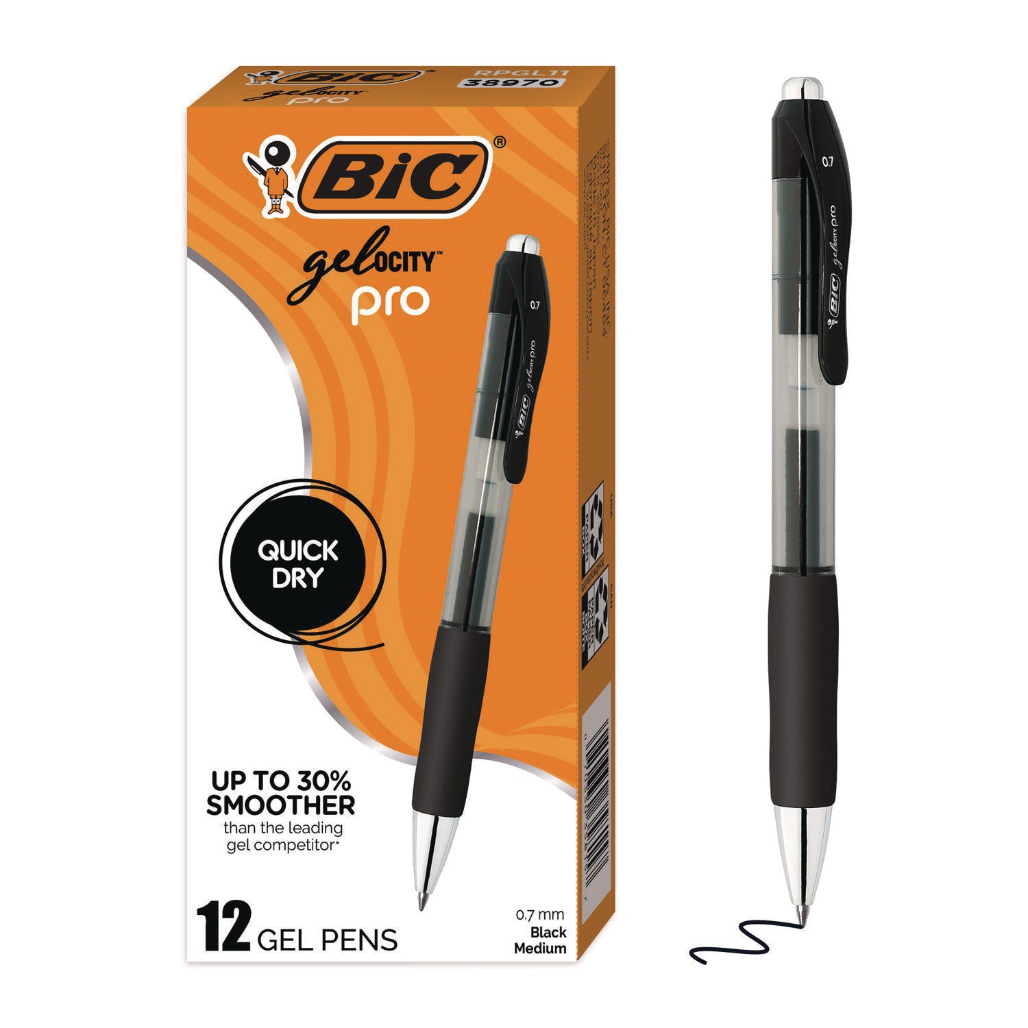 BIC® Gel-ocity Pro Quick Dry Gel Pen, Retractable, Medium 0.7 mm, Black Ink, Black/Clear Barrel, 12/Pack