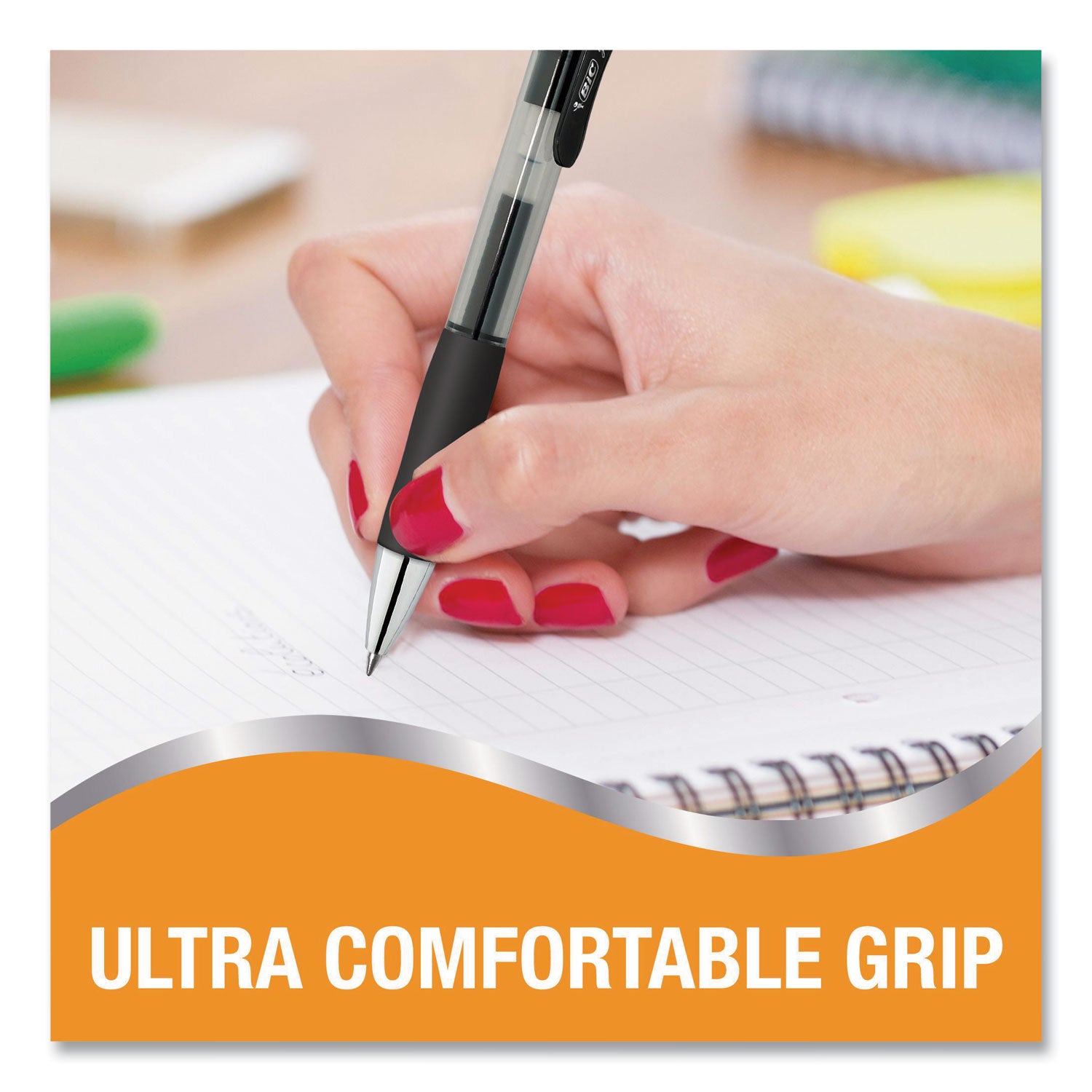 BIC® Gel-ocity Pro Quick Dry Gel Pen, Retractable, Medium 0.7 mm, Black Ink, Black/Clear Barrel, 12/Pack