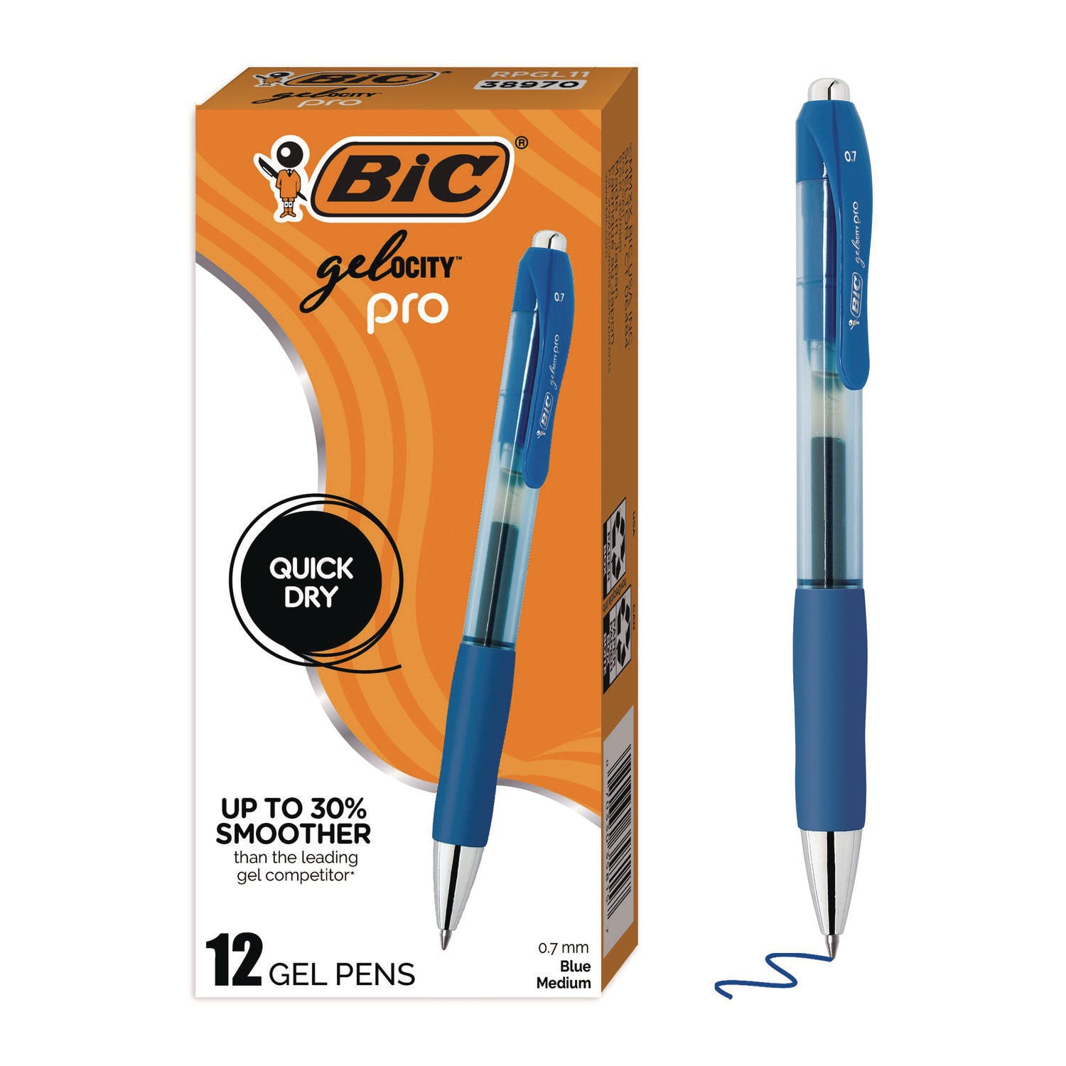 BIC® Gel-ocity Pro Quick Dry Gel Pen, Retractable, Medium 0.7 mm, Blue Ink, Blue/Clear Barrel, 12/Pack