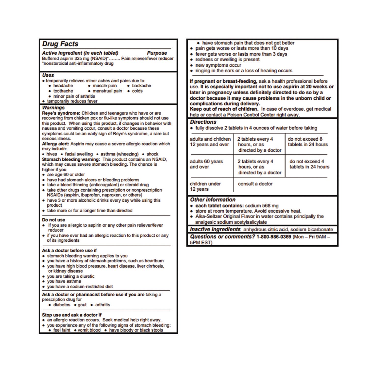 Alka-Seltzer® Buffered Aspirin (NSAID) Tablets, 2/Pack, 30 Packs/Box