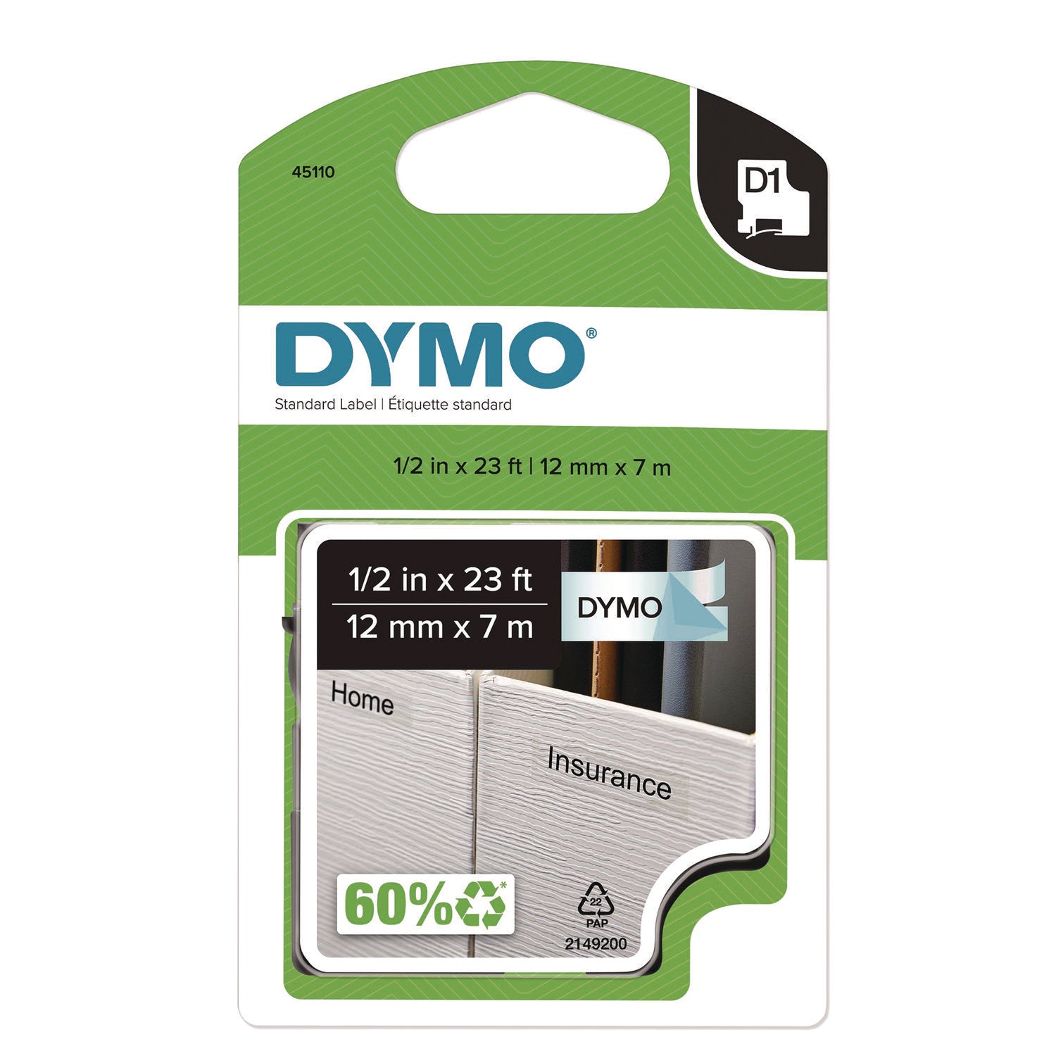 DYMO® D1 Standard Labels, 0.50" x 23 ft, Black Print on Clear Tape