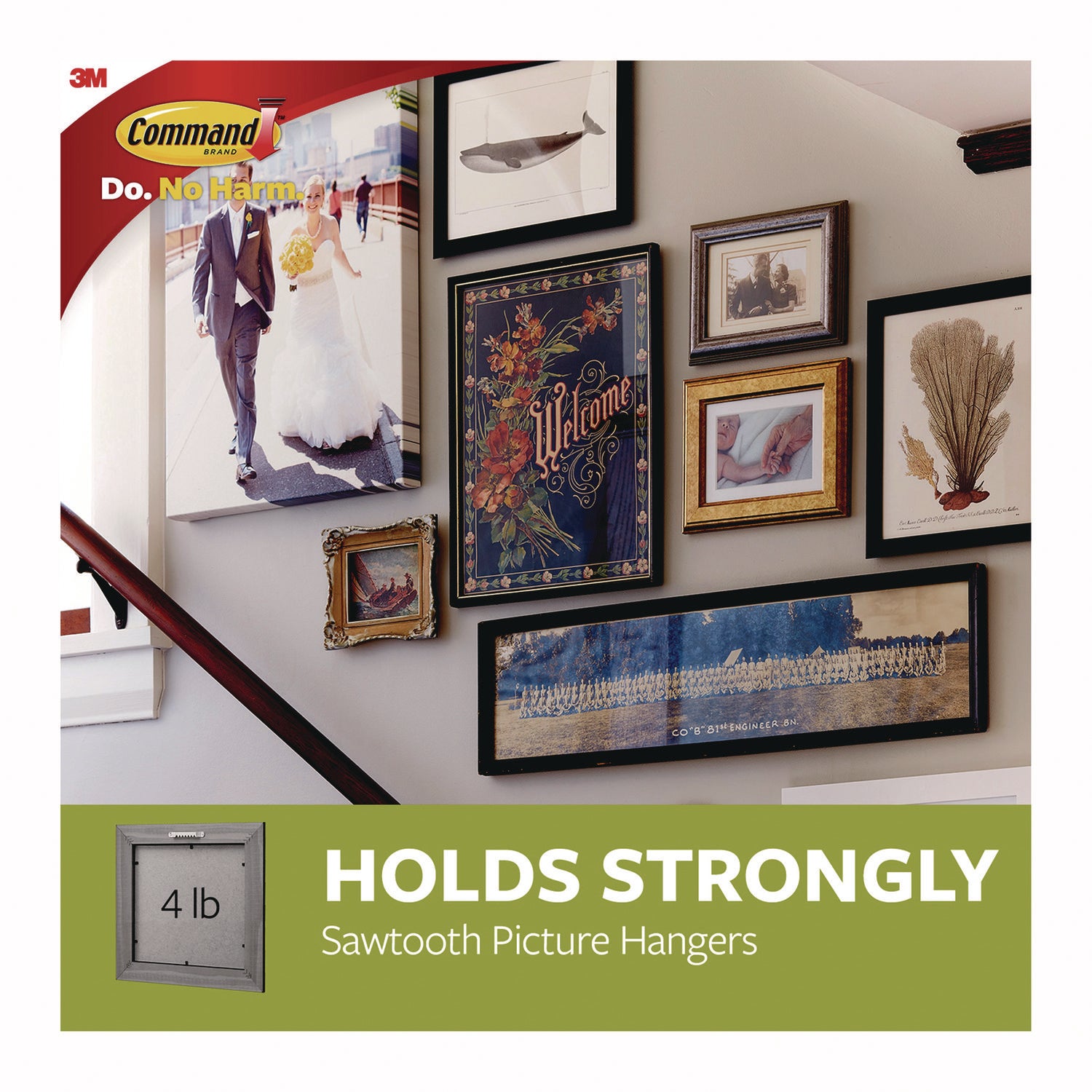 Command™ Sawtooth Picture Hanger, One Hanger, Two Strips, White, Supports 4 lbs