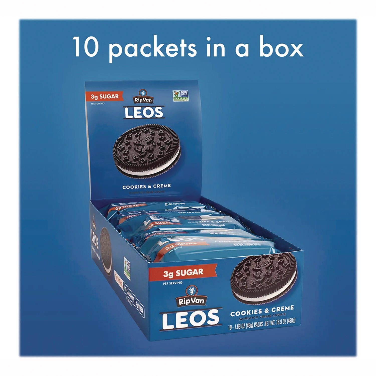 Rip Van® Leos Cookies and Cream Sandwich Cookies, 2 Cookies/Pack, 10 Packs/Box