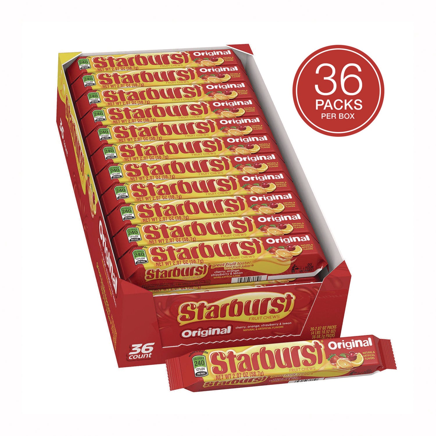 Starburst® Original Fruit Chews, Cherry; Lemon; Orange; Strawberry, 12 Pieces/Pack, 36 Packs/Box