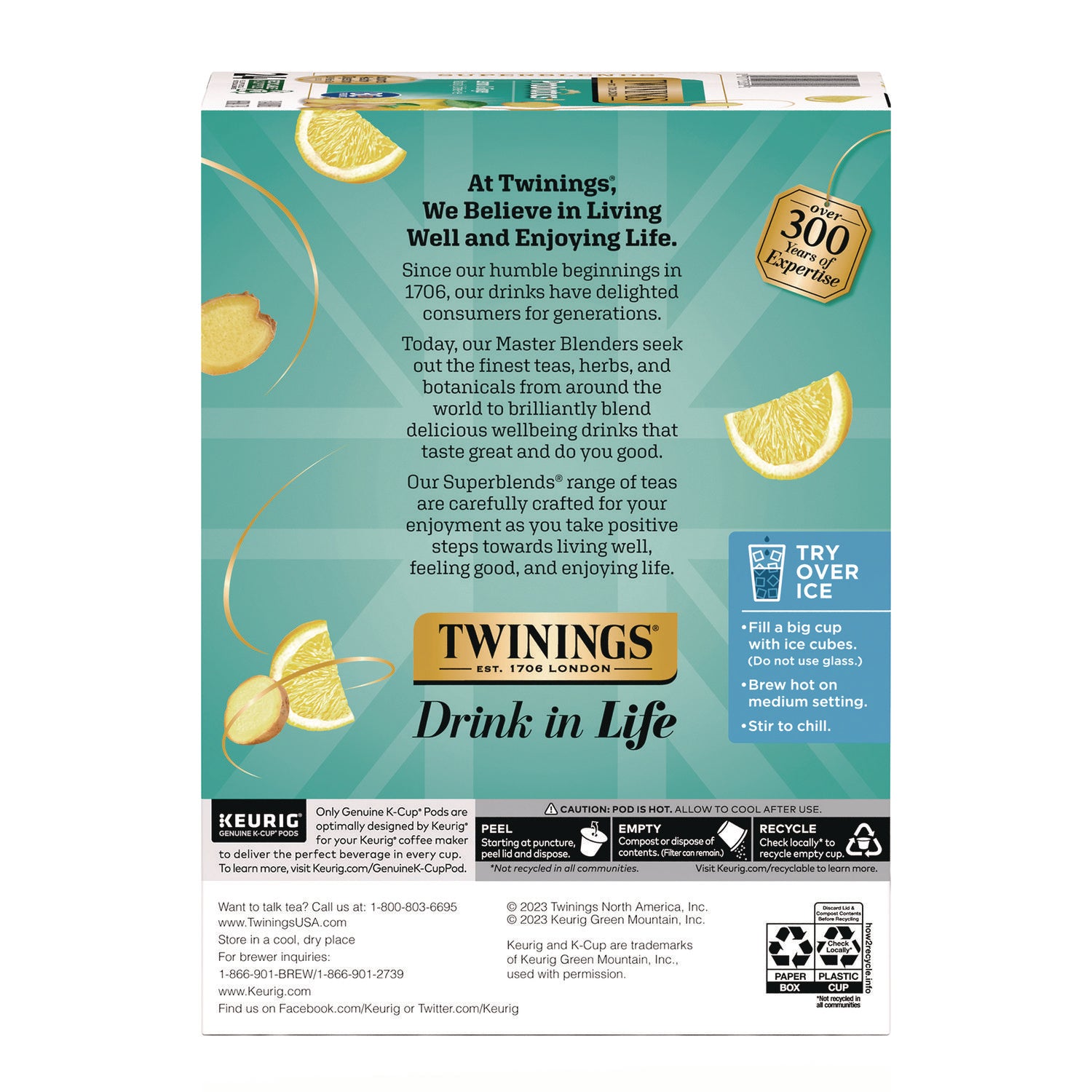 TWININGS® Probiotics+ Herbal Lemon and Ginger Tea, 24/Box