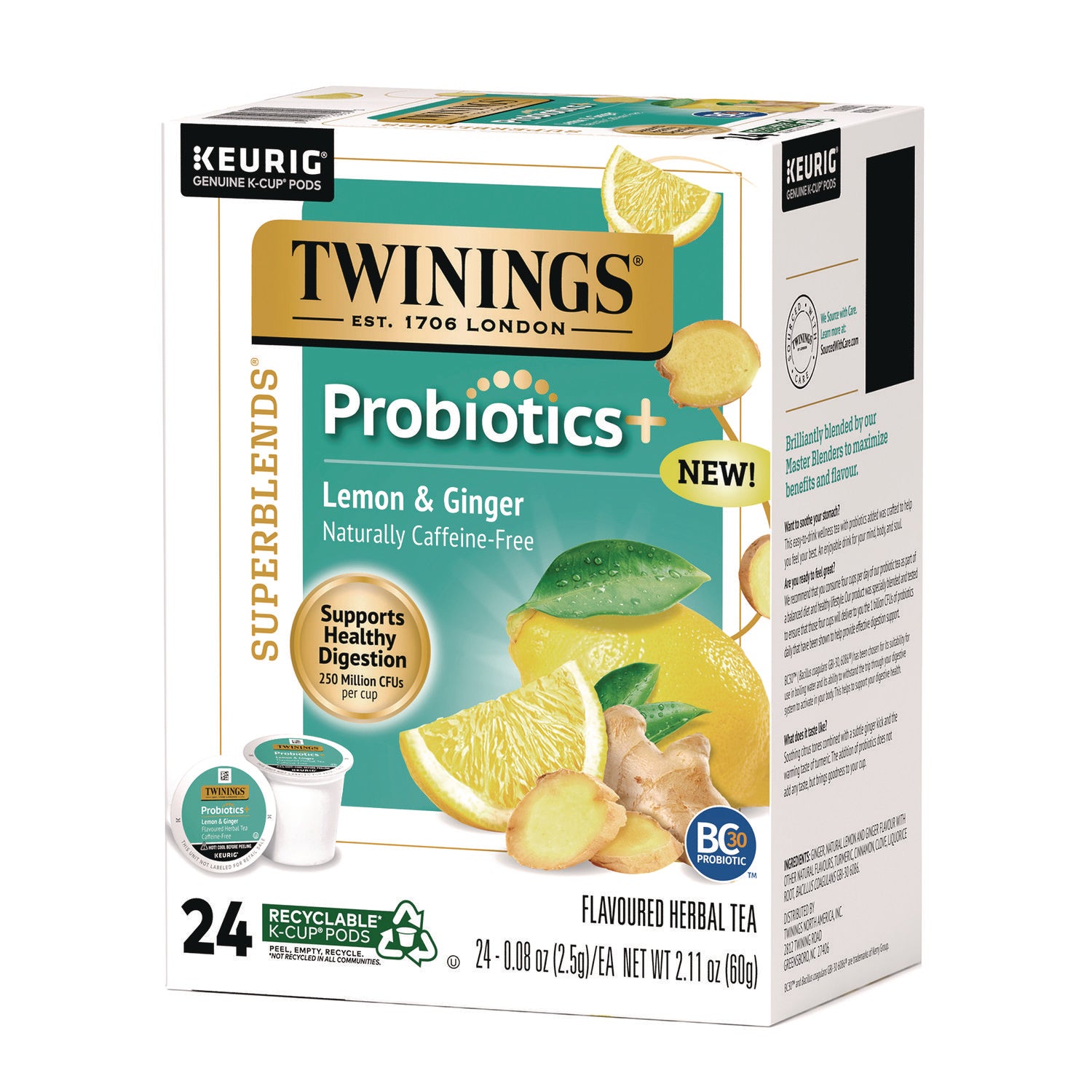TWININGS® Probiotics+ Herbal Lemon and Ginger Tea, 24/Box