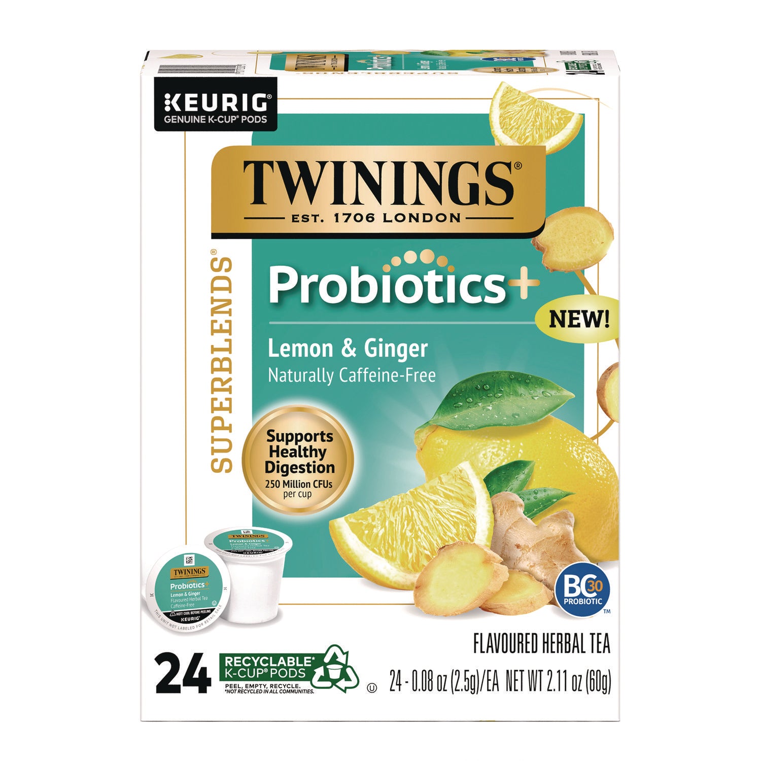 TWININGS® Probiotics+ Herbal Lemon and Ginger Tea, 24/Box