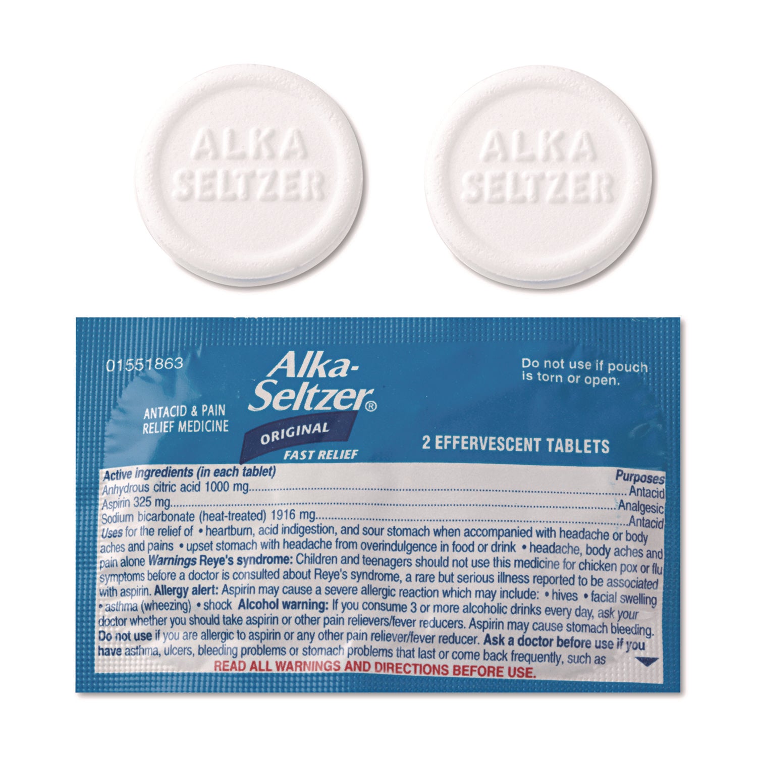 Alka-Seltzer® Buffered Aspirin (NSAID) Tablets, 2/Pack, 30 Packs/Box