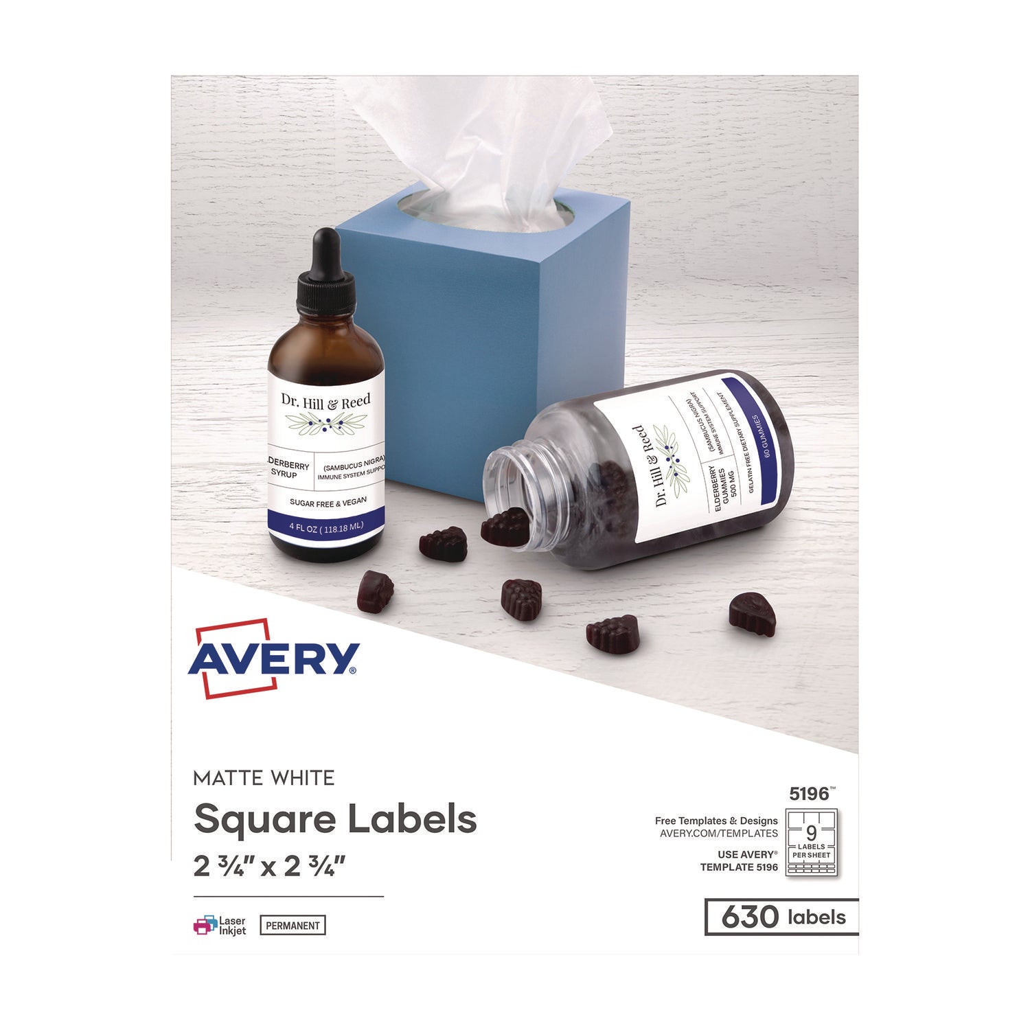 Avery® Laser/Inkjet Media Labels, Inkjet/Laser Printers, 2.75" x 2.75", Matte White, 9 Labels/Sheet, 70 Sheets/Box