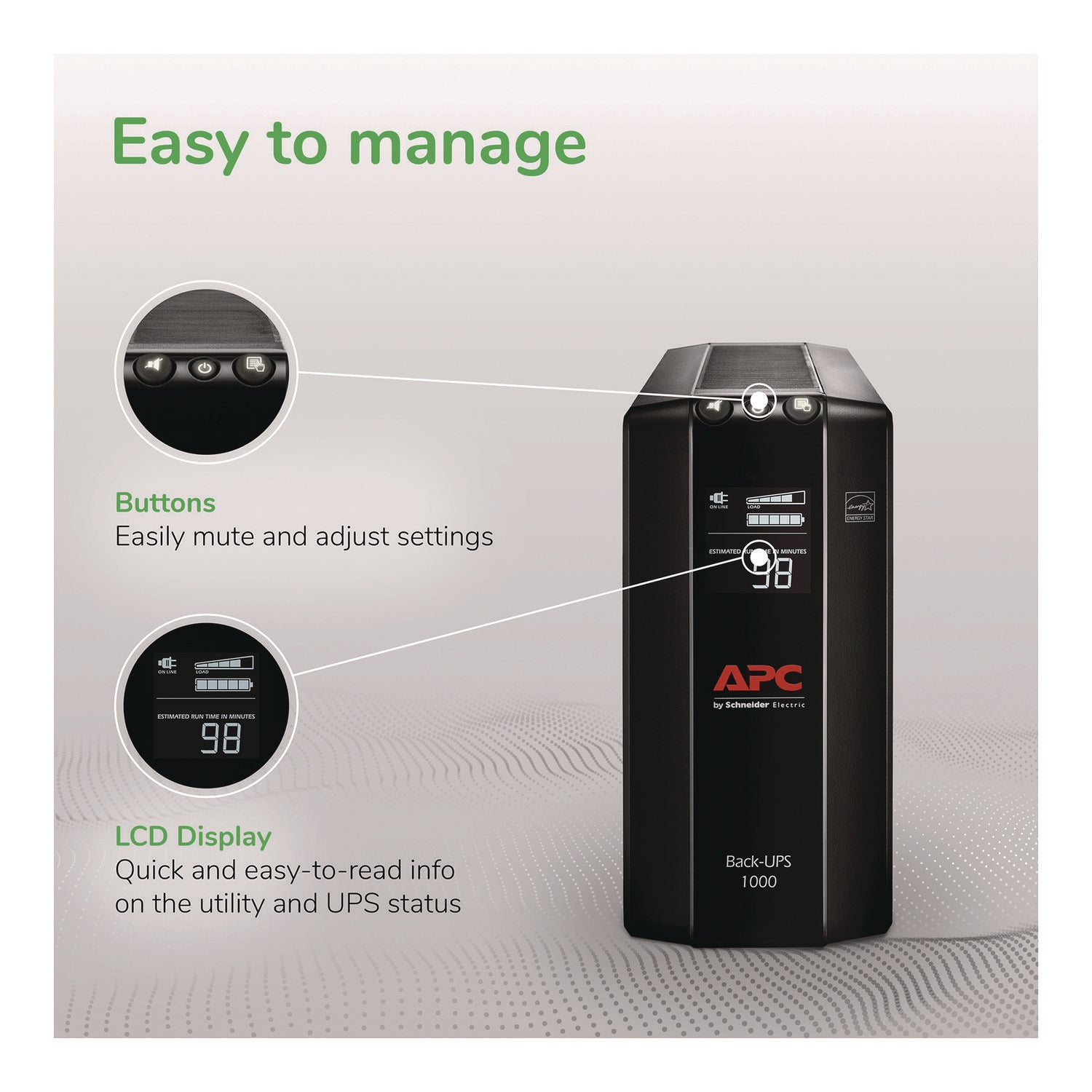 APC® Back-UPS Pro Compact Tower LCD Battery Backup and Surge Protector with USB, 1,000 VA, 8 Outlets, 1,103 J