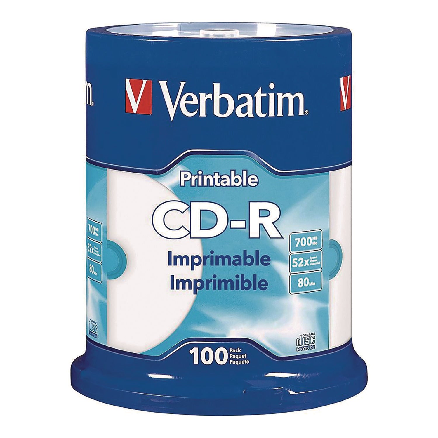 Verbatim® CD-R Printable Recordable Disc, 700 MB/80 min, 52x, Spindle, White, 100/Pack