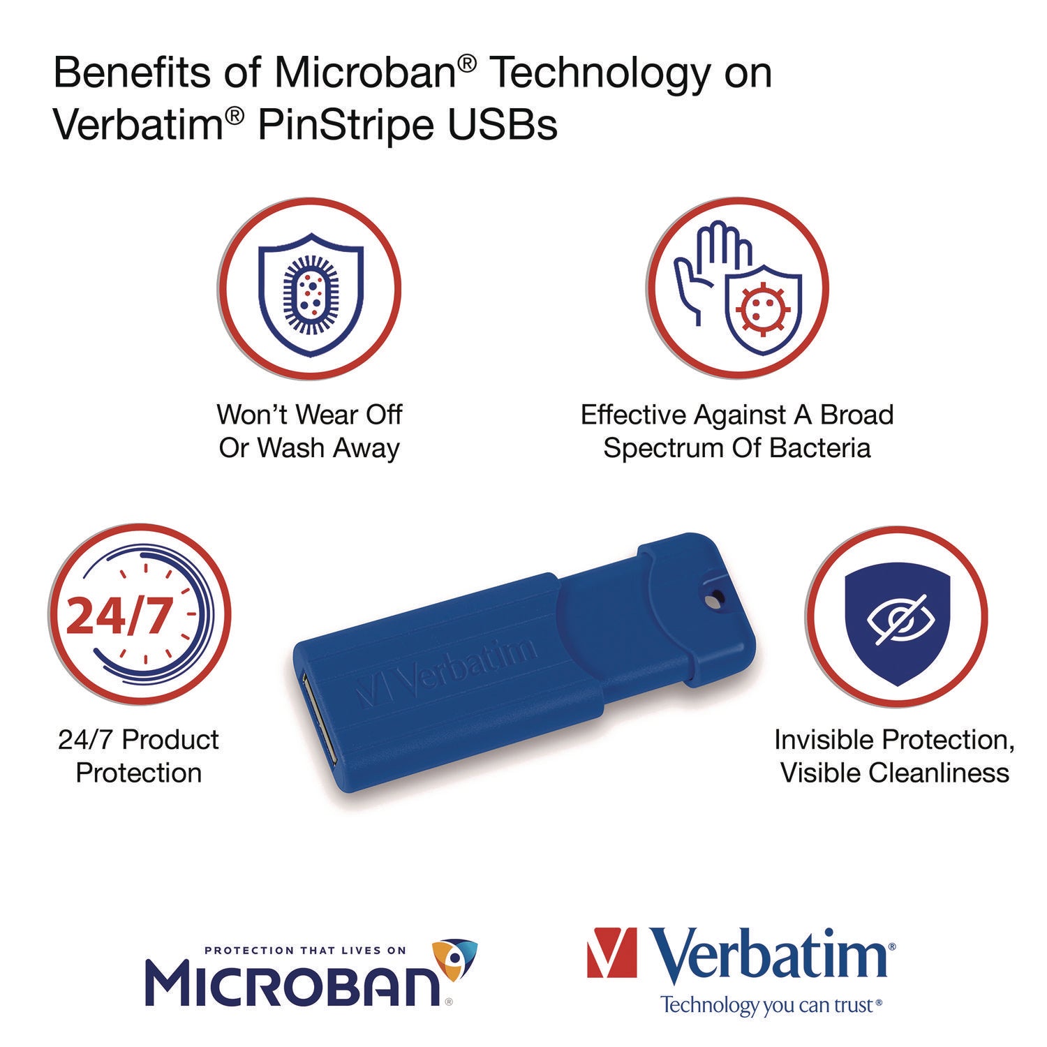 Verbatim® PinStripe USB 3.2 Flash Drive, 32 GB, Blue/Red, 2/Pack