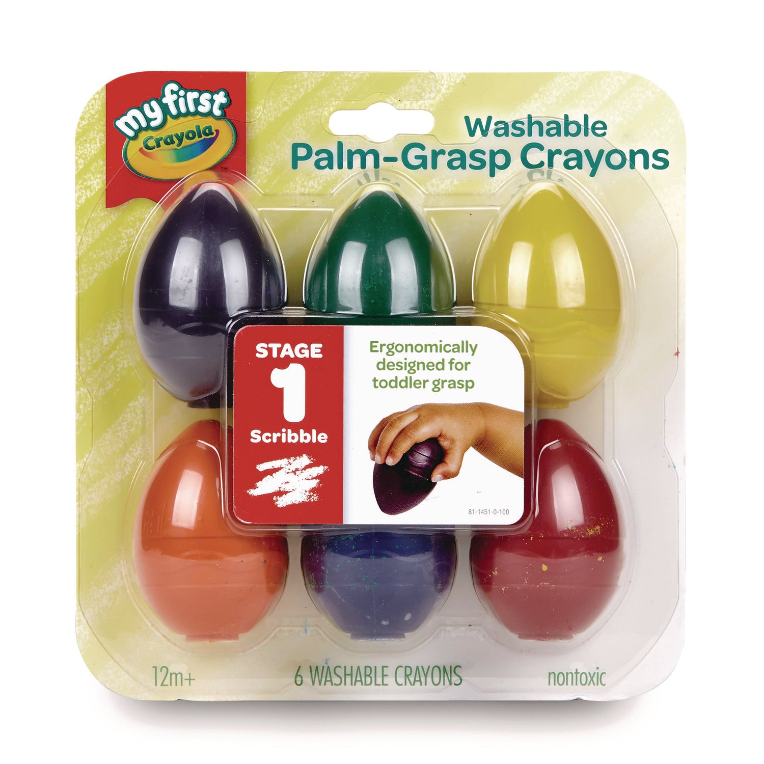 Crayola® My First Washable Palm Grasp Crayons, Assorted Colors, 6/Pack