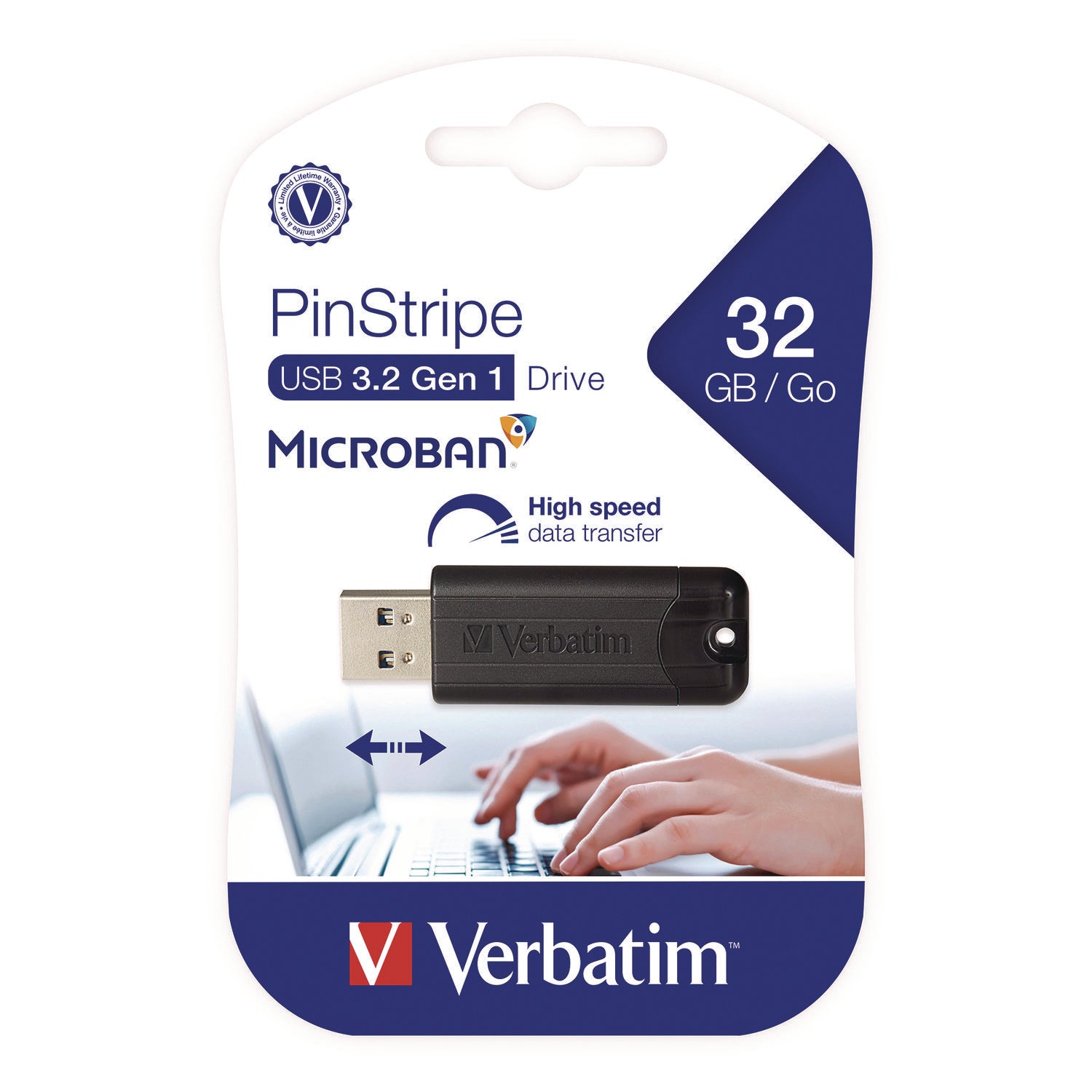 Verbatim® PinStripe USB 3.2 Flash Drive, 32 GB, Black