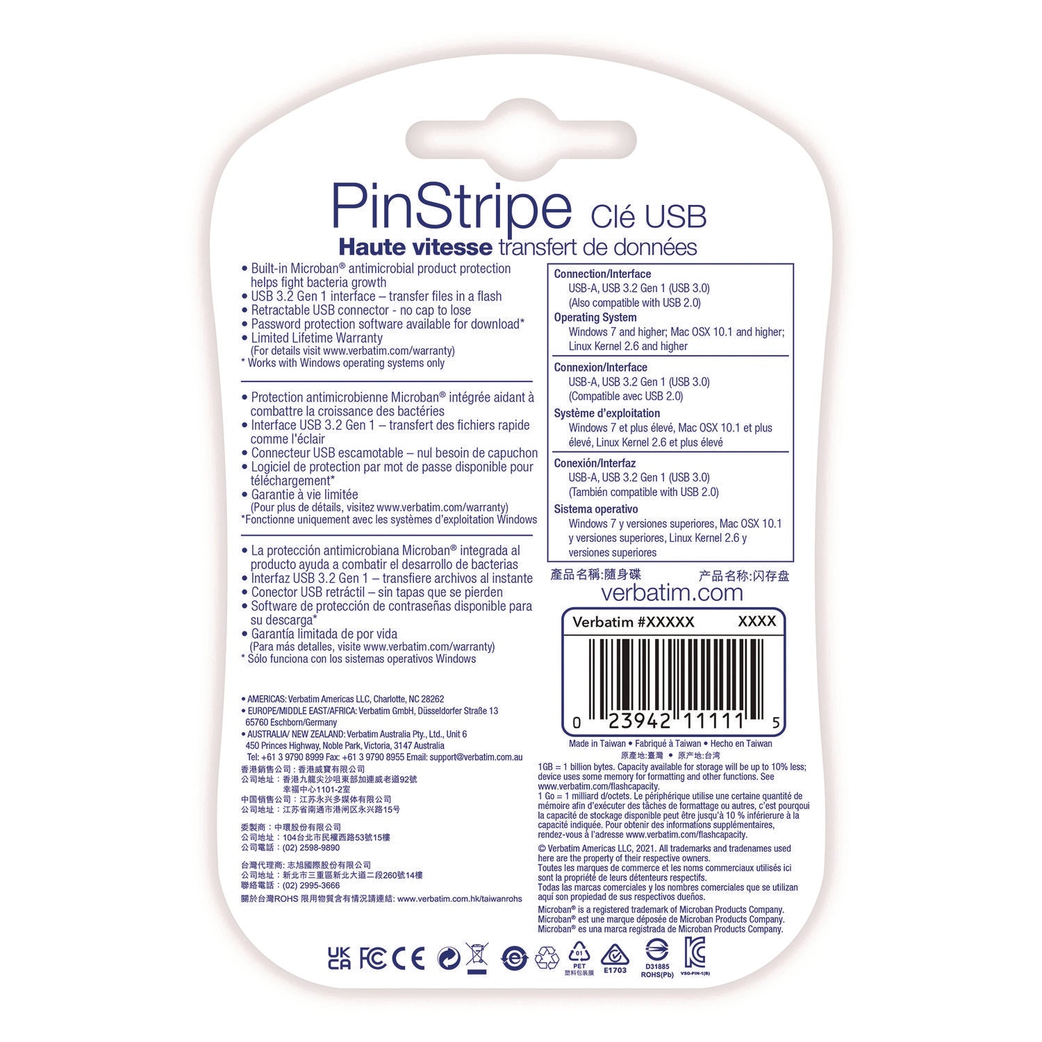 Verbatim® PinStripe USB 3.2 Flash Drive, 64 GB, Black