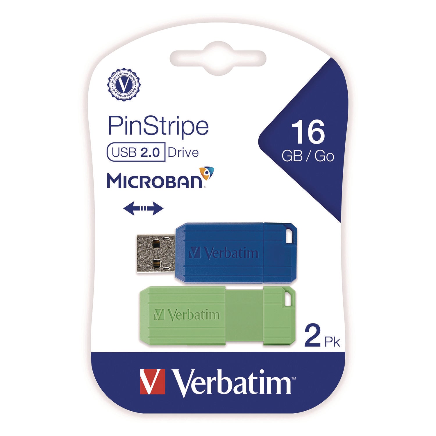 Verbatim® PinStripe USB 2.0 Flash Drive, 16 GB, Blue/Green, 2/Pack
