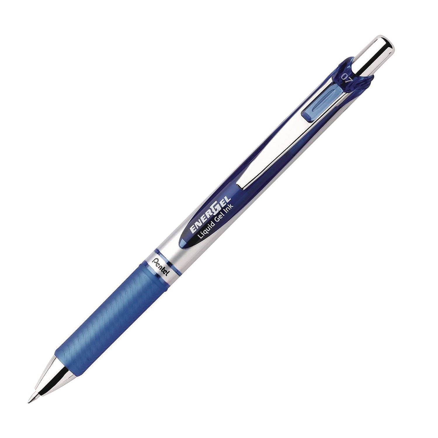 Pentel® EnerGel RTX Gel Pen, Retractable, Medium 0.7 mm, Blue Ink, Blue/Silver Barrel, 3/Pack