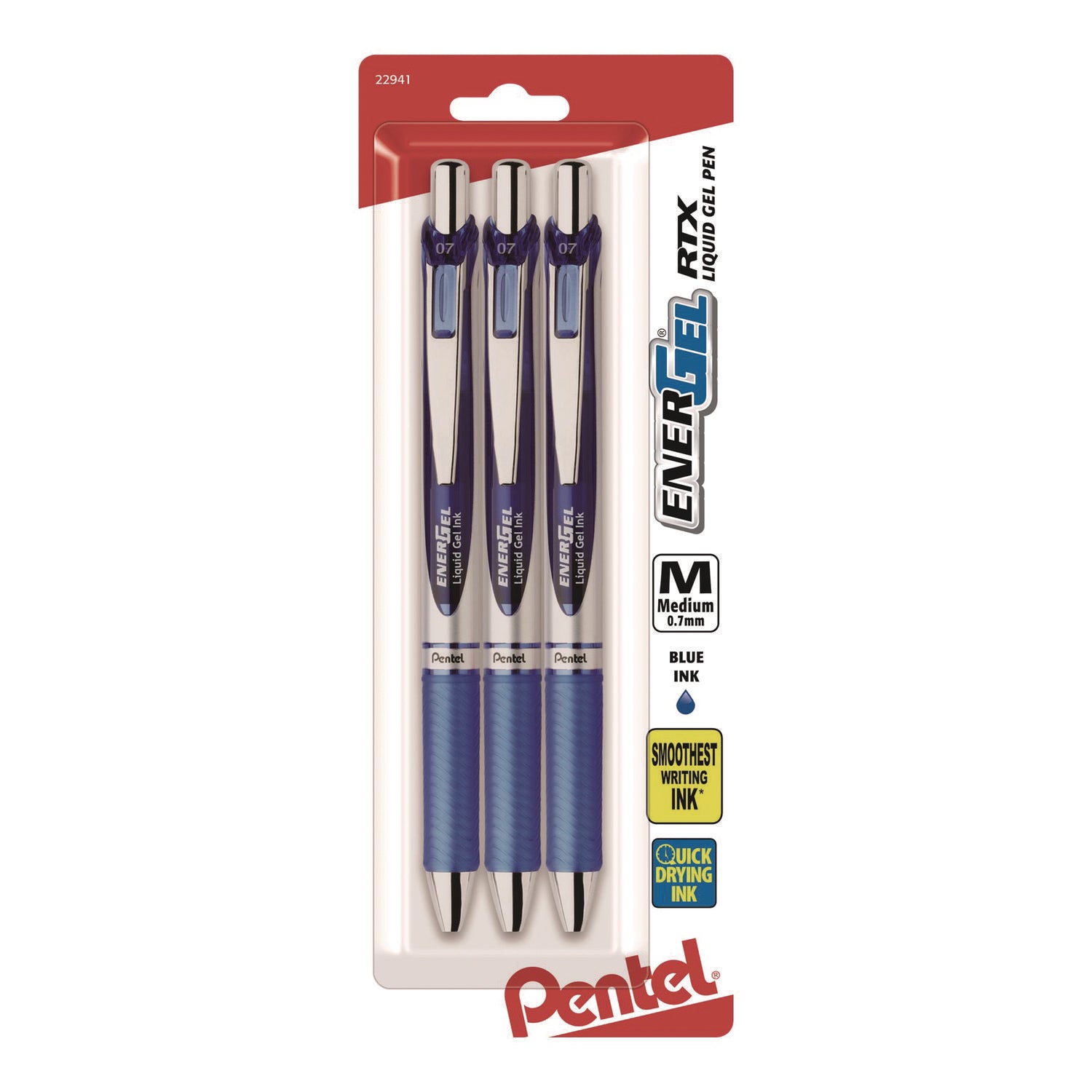 Pentel® EnerGel RTX Gel Pen, Retractable, Medium 0.7 mm, Blue Ink, Blue/Silver Barrel, 3/Pack