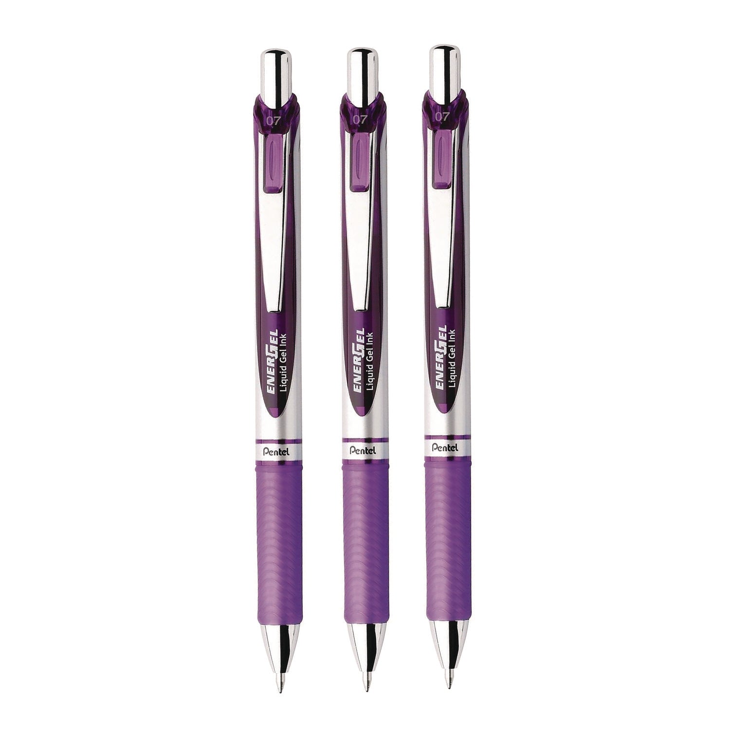 Pentel® EnerGel RTX Deluxe Gel Pen, Retractable, Medium 0.7 mm, Purple Ink, Purple/Silver Barrel, 3/Pack