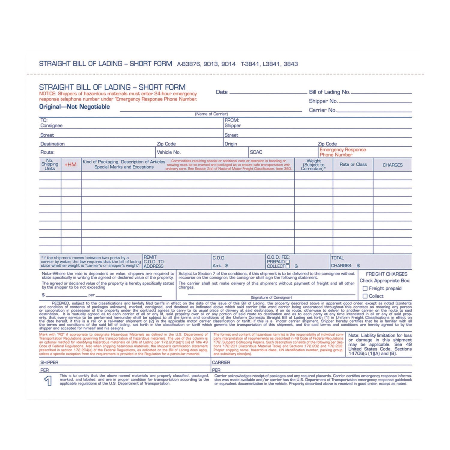 Adams® Bill of Lading - Short Form for Up to Ten Articles, Three-Part Carbonless, 8.5 x 6.94, 50 Forms Total