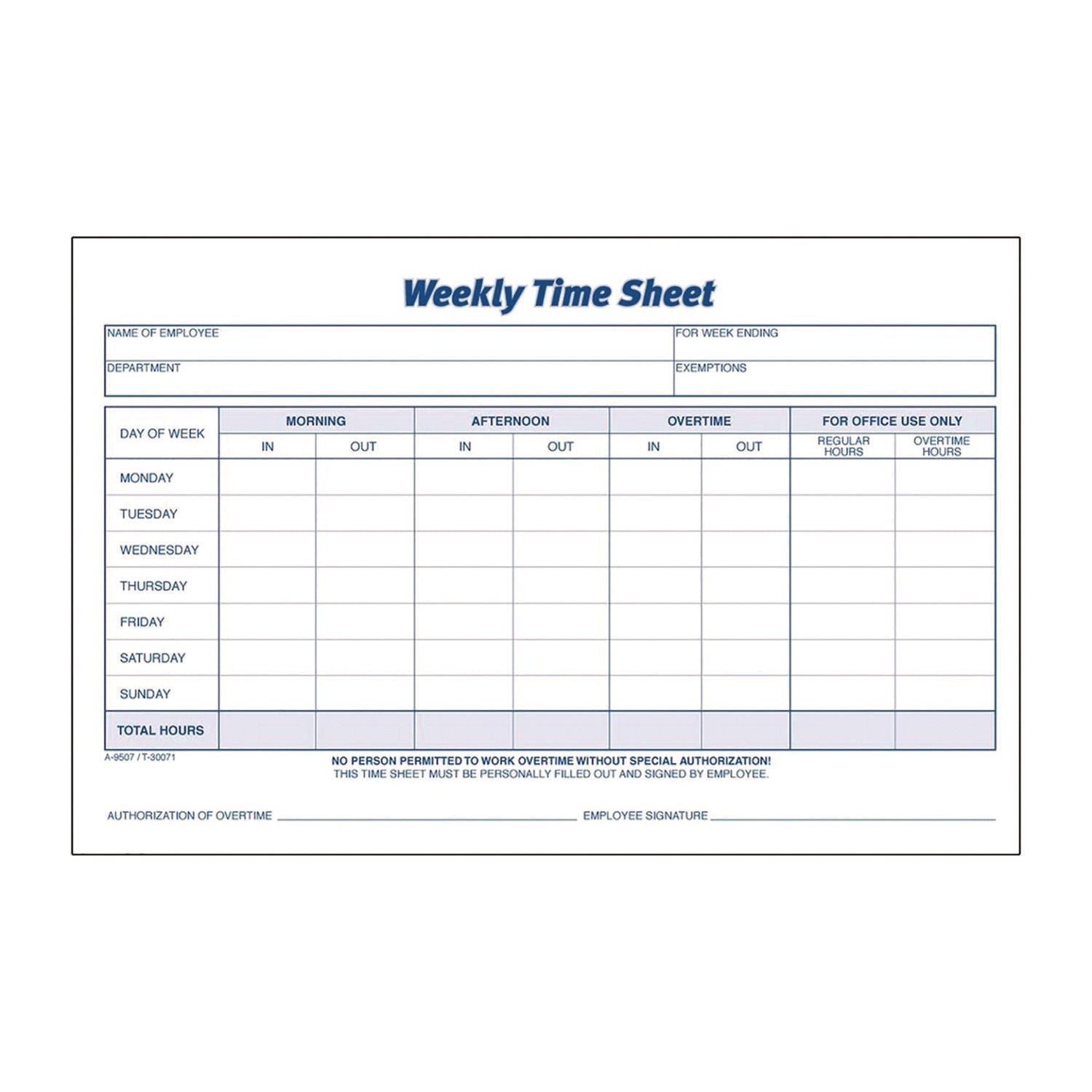 Adams® Weekly Time Sheets, One Part (No Copies), 8.5 x 5.5, 100 Forms/Pad, 2 Pads/Pack