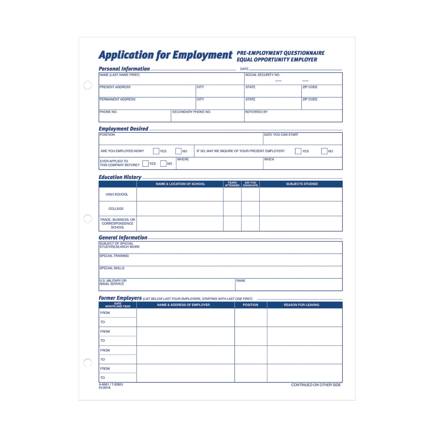 Adams® Employment Applications, One-Part (No Copies), 11 x 8.38, 50 Forms/Pad, 2 Pads/Pack